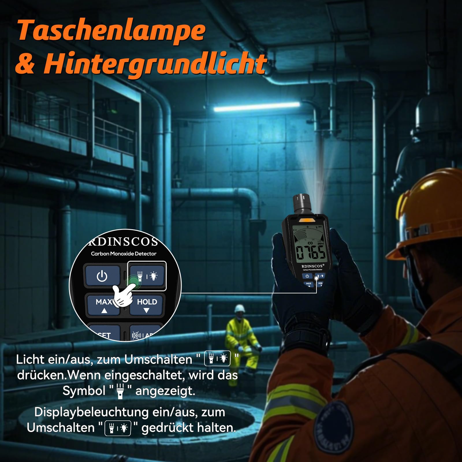 RDINSCOS Detector de Monóxido de Carbono,0-1000PPM Detector CO Portátil con Alarmas Sonoras y Luminosas Apto para Uso doméstico, en Garajes y para Mediciones al Aire Libre