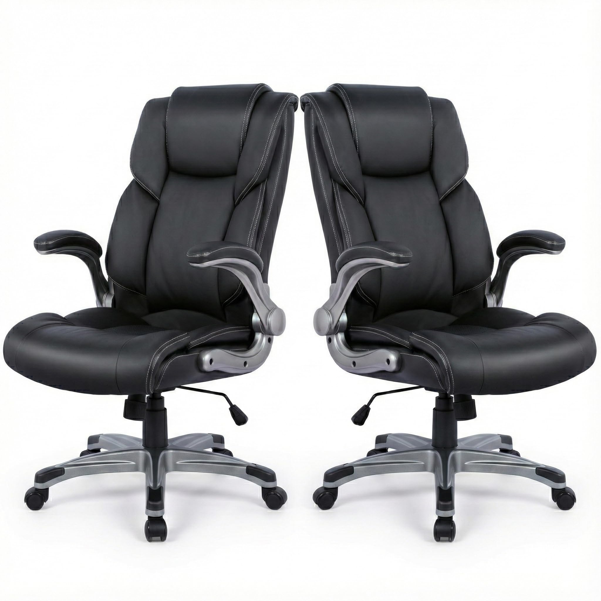 Ergonomic Executive Office Chair with Lumbar Support, Flip-Up Arms, Bonded Leather High Back Desk Chair for Home Office &amp; Workstation, Comfortable Computer Chair for Adults Men Women – Black Set of 2