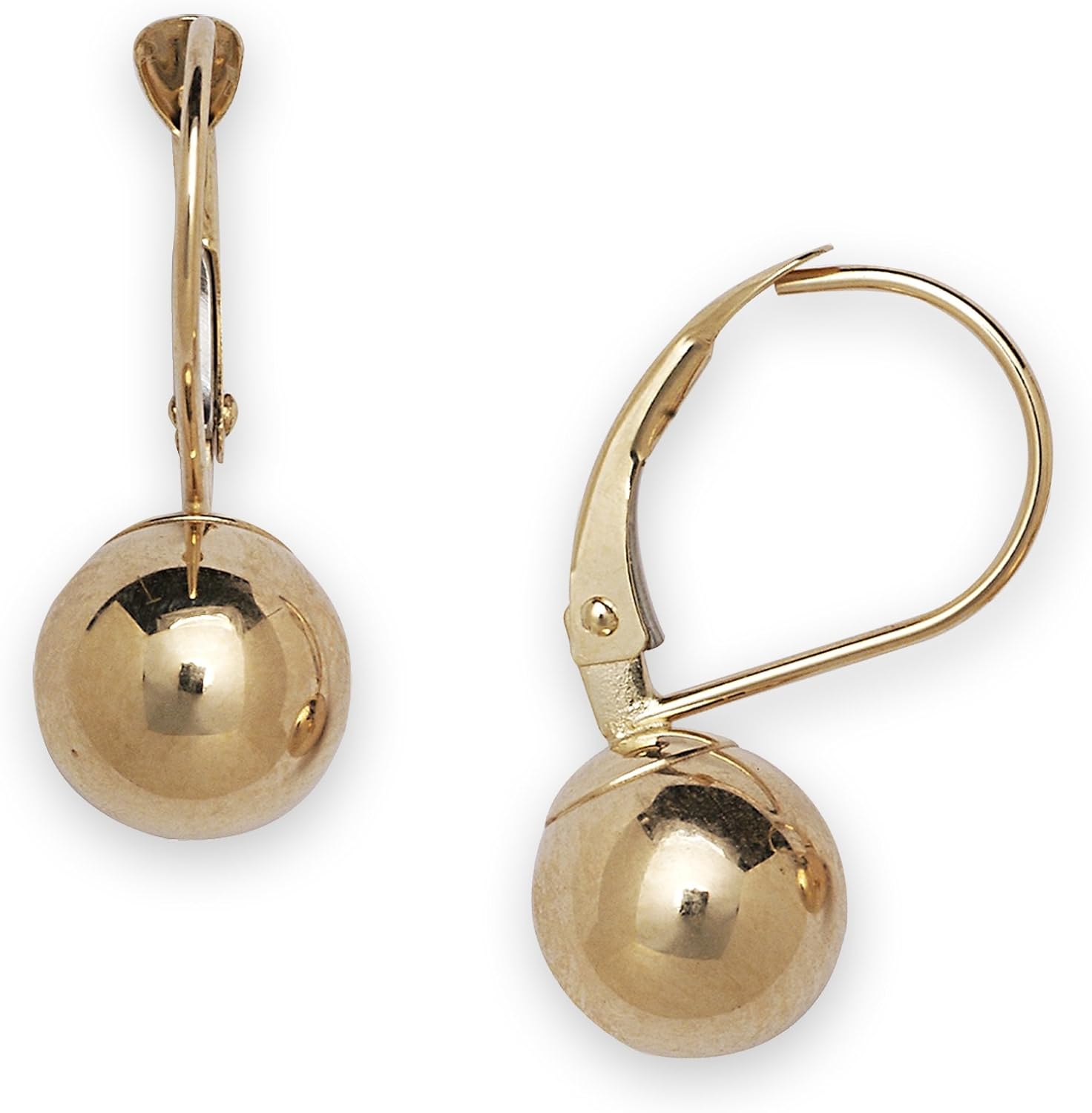 Jewelryweb - Real 14k Yellow Gold Fixed Polished Ball Lever Back Earrings - 4mm, 5mm, 6mm, 7mm, 8mm, 9mm, 10mm - Gold Dangle Earrings for Women- Hypoallergenic