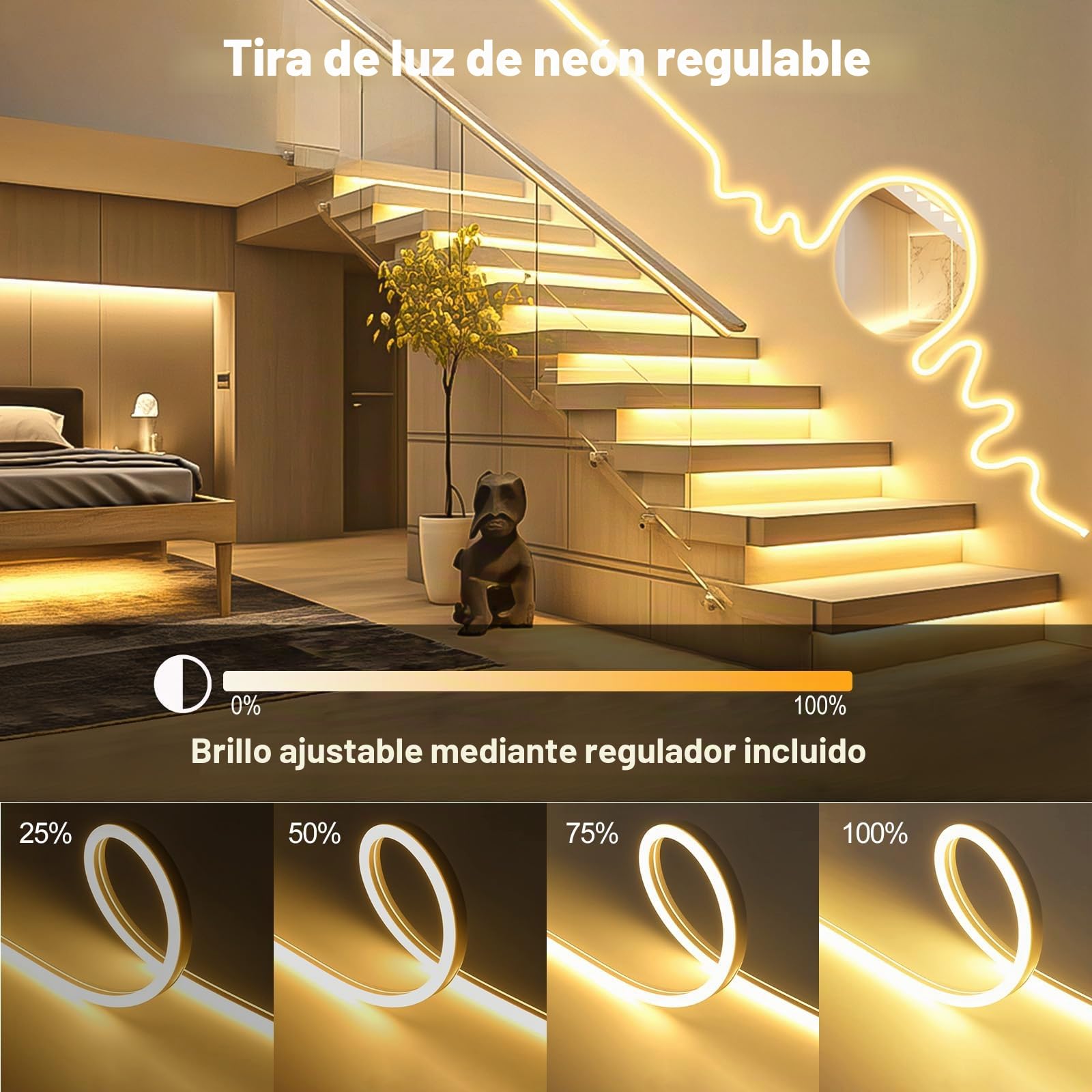 Tira LED Neón 10M Regulable 1200 LEDs Blanco Cálido 2700K 24V Luz Neón LED IP65 Impermeable Silicona Flexible para Dormitorio Cocina Bar Decoración Interior y Exterior