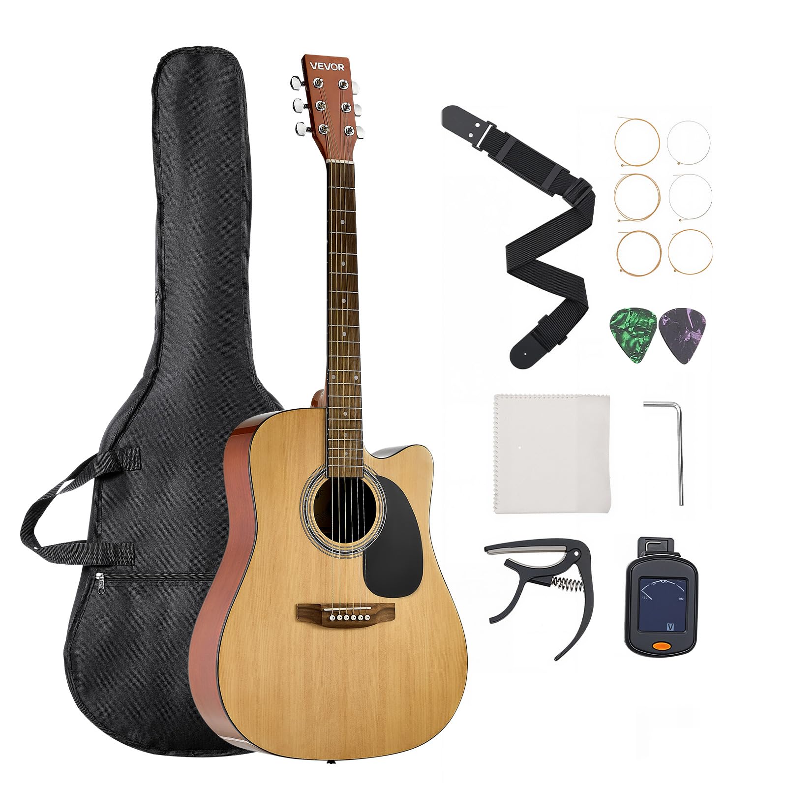 VEVOR Guitare Acoustique Pan Coupé 6 Cordes, 103 cm, Table en Épicéa Massif, Fond en Acajou, Touche Palissandre, avec Housse, Accordeur, Sangle, Médiators, Capodastre, pour Fingerpicking, Solos, Jazz
