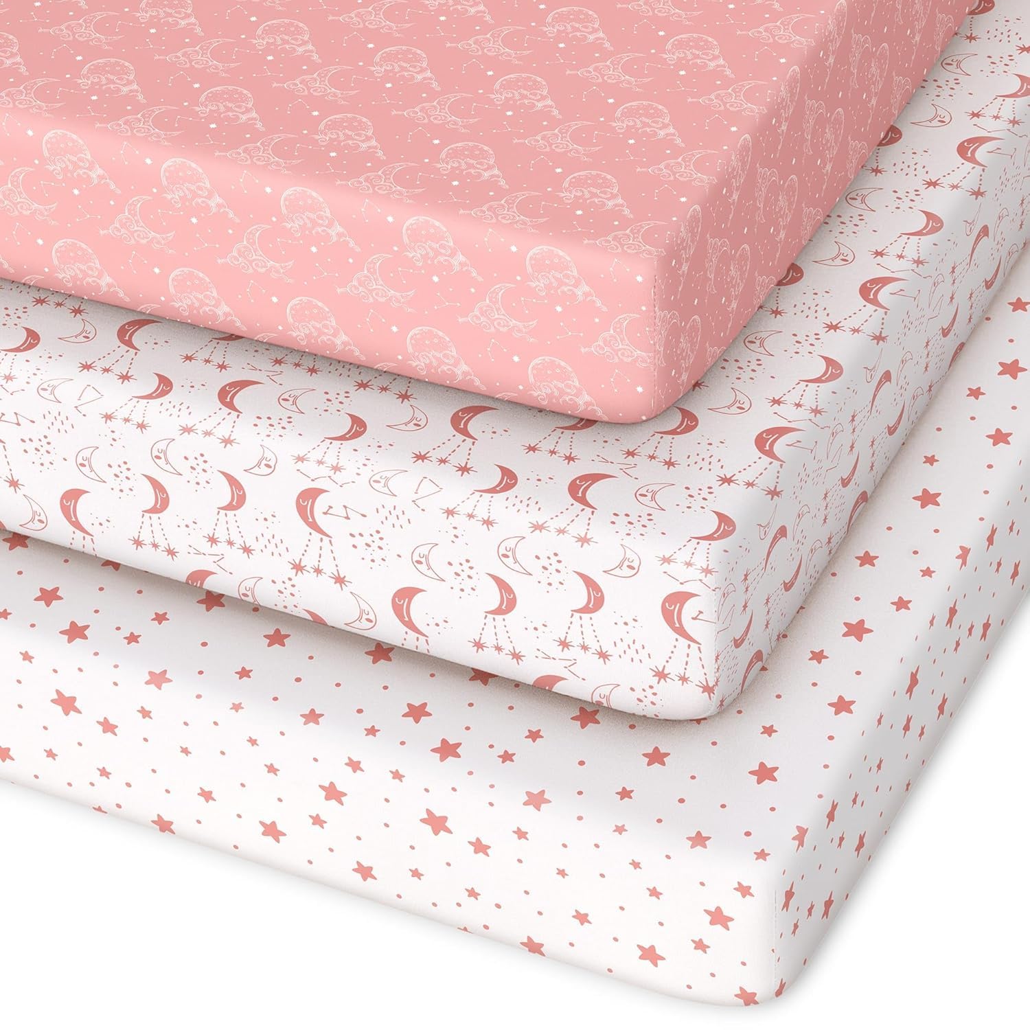 Drap-housse lit de voyage 95x65 cm Unnivoll (lot de 3) respirant et doux, blanc rose lune