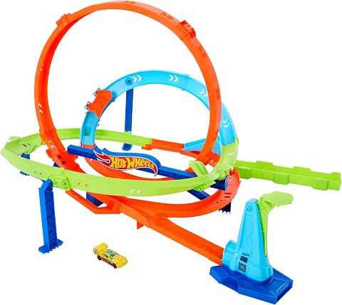 HOT WHEELS Let's Race Netflix - Looping-Zyklon-Challenge - Action-Trackset mit 2 Spielmöglichkeiten, Bumerang-Loopings und Fahrzeug im Maßstab 1:64, mit Tragegriff, ab 4 Jahren, HXM94 | Enthält Spielzeugauto im Maßstab 1:64, 45,7 cm hoch, 2 Spielmöglichkeiten und einfache Lagerung