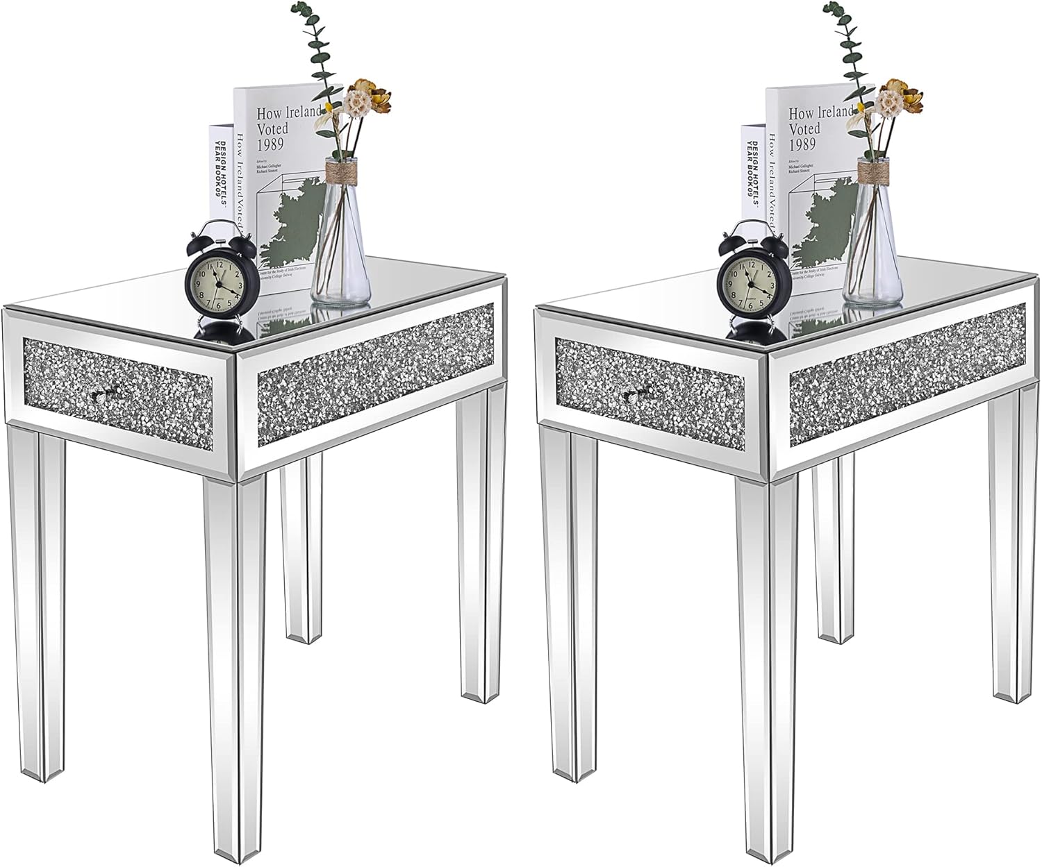 VINGLI Mirrored Nightstand set of 2 Narrow Side Table with Drawer Glass Accent Table