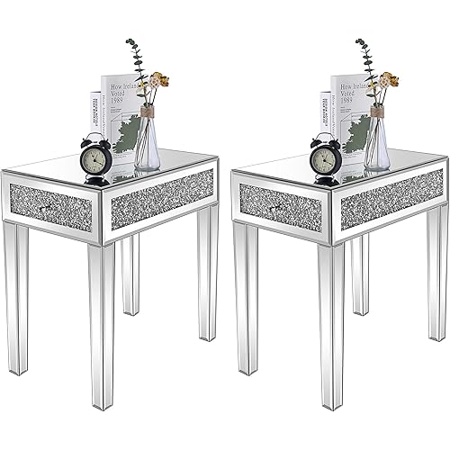 VINGLI Mirrored Nightstand Set of 2 Narrow Side Table with Drawer Glass Accent Table,Silver