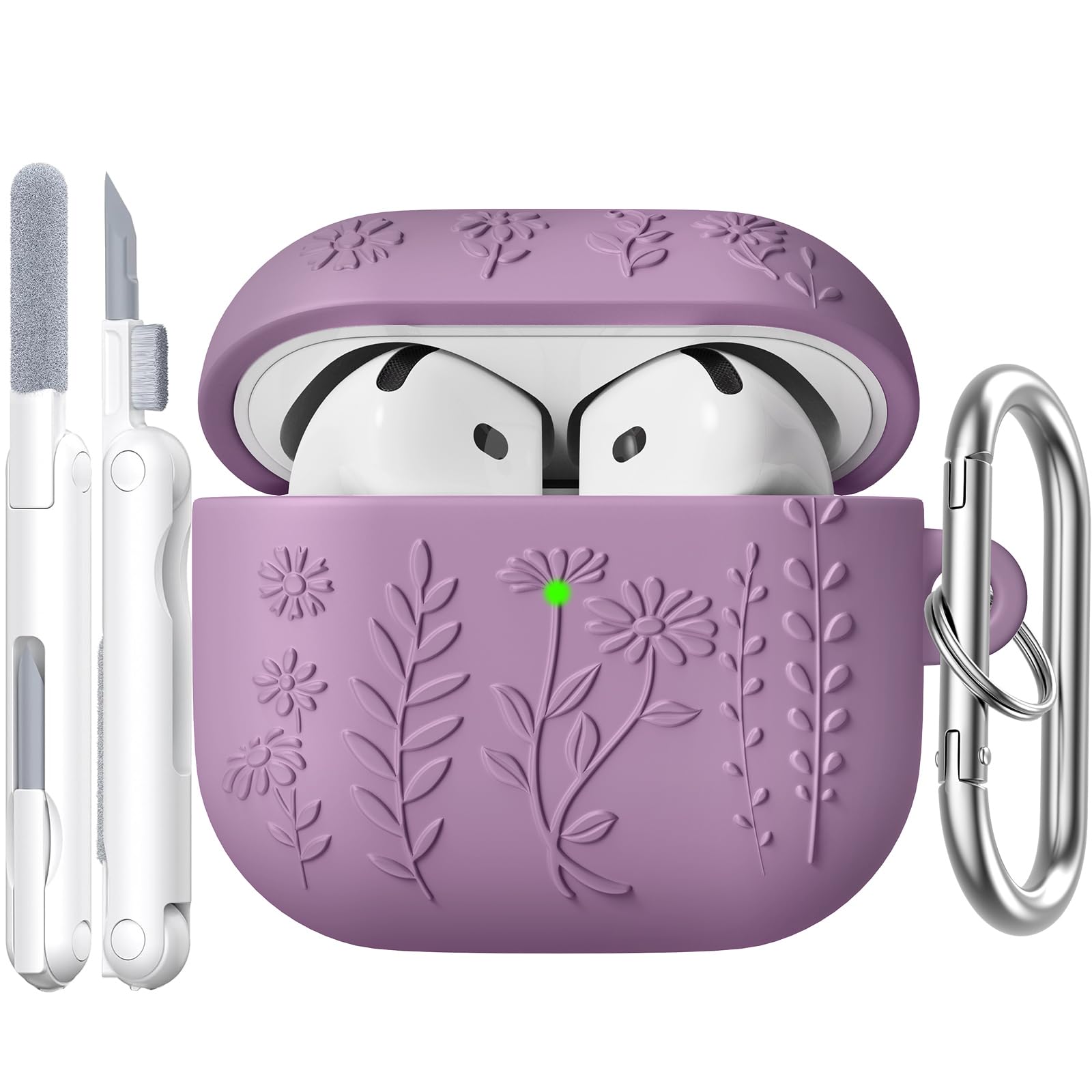 AIRSPO for Airpod 4 Case Cover with Cleaner Kit, 3D Floral Embossed Soft Silicone iPods 4 Earbuds Cases Protective Cover for Apple Airpods 4th Generation Case with Keychain 2024 (Violet Smoke)