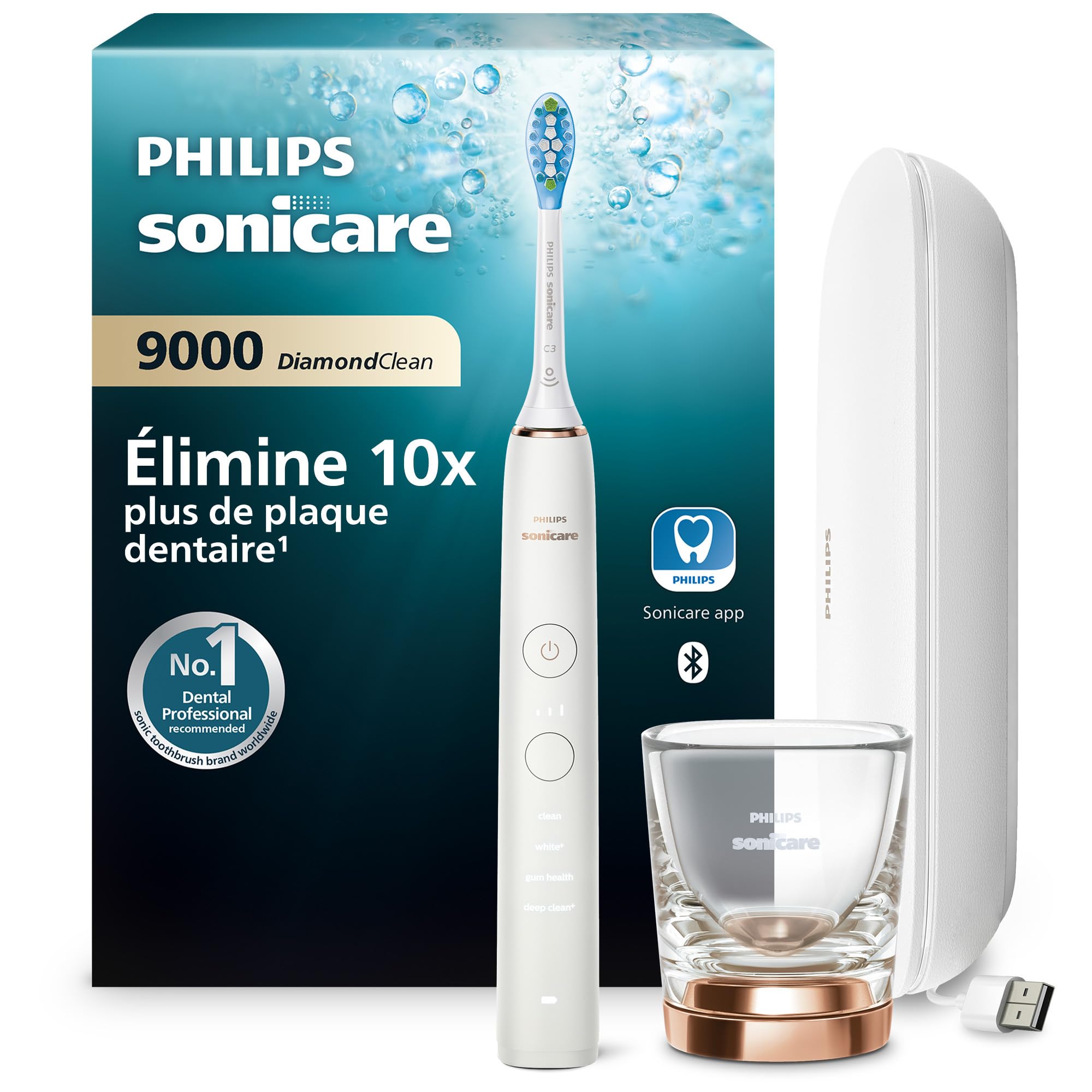 Philips Sonicare DiamondClean 9000 - Brosse à dents électrique, 4 modes de brossage, 3 niveaux d'intensité, Capteur de pression, Connecté à l'application, étui de voyage USB, or rose, HX9911/​94