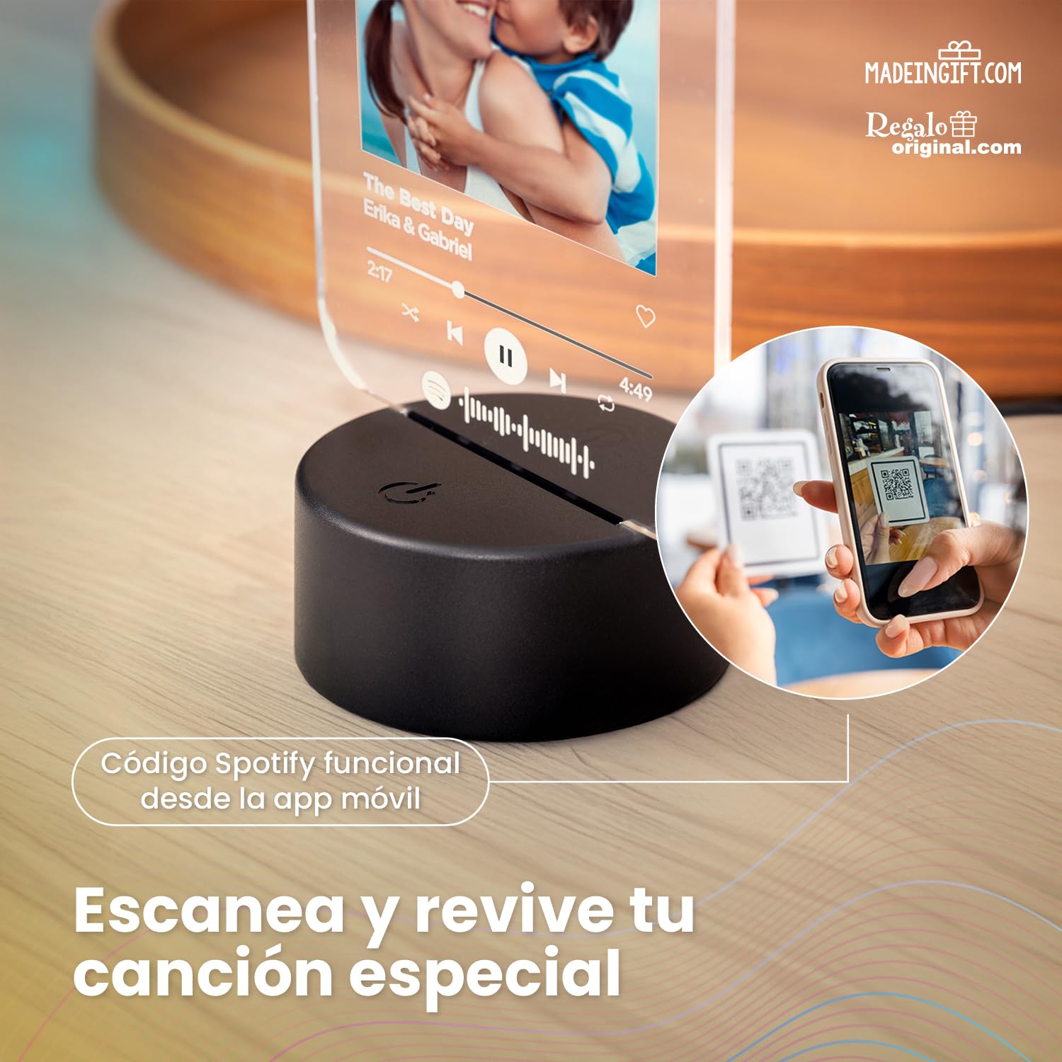 Lámpara Spotify Personalizada con Foto - Con Base o Marco - Diseño con Código Escaneable de Canción - Regalo Original para Parejas o Amigos