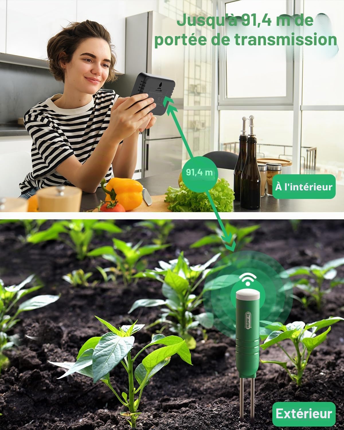 Dr.meter Testeur Humidité Plante, 4 en 1 Hygrometre Plante Testeur de Sol/Température/Lumière/Heure avec écran LCD pour Jardin, Ferme, Plantes à Gazon Intérieur et Extérieur (Batterie Non Incluse)