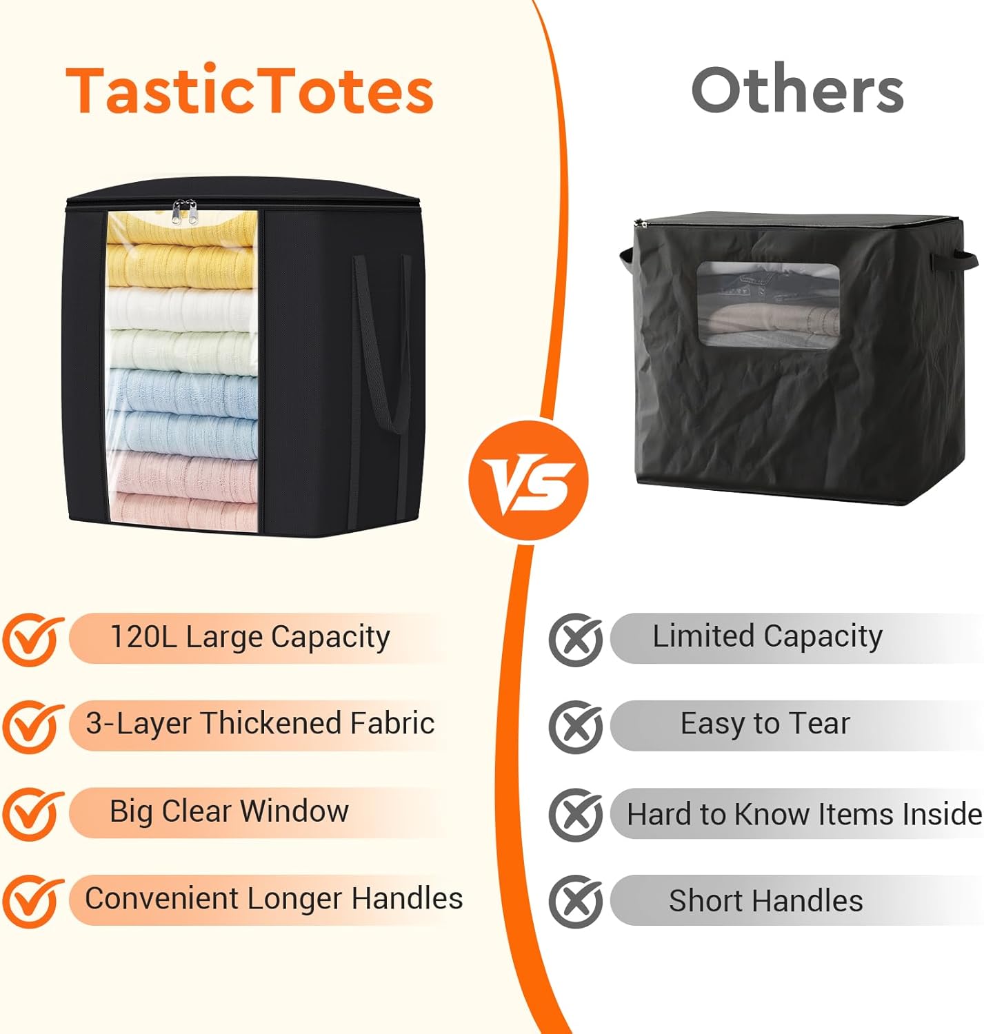 120L Extra Large Clothes Storage Bags, Foldable Blanket Storage and Organization, Thick Fabric Containers with Reinforced Handles & Zippers for Clothing, Comforters, Bedding, Black, 6 Pack