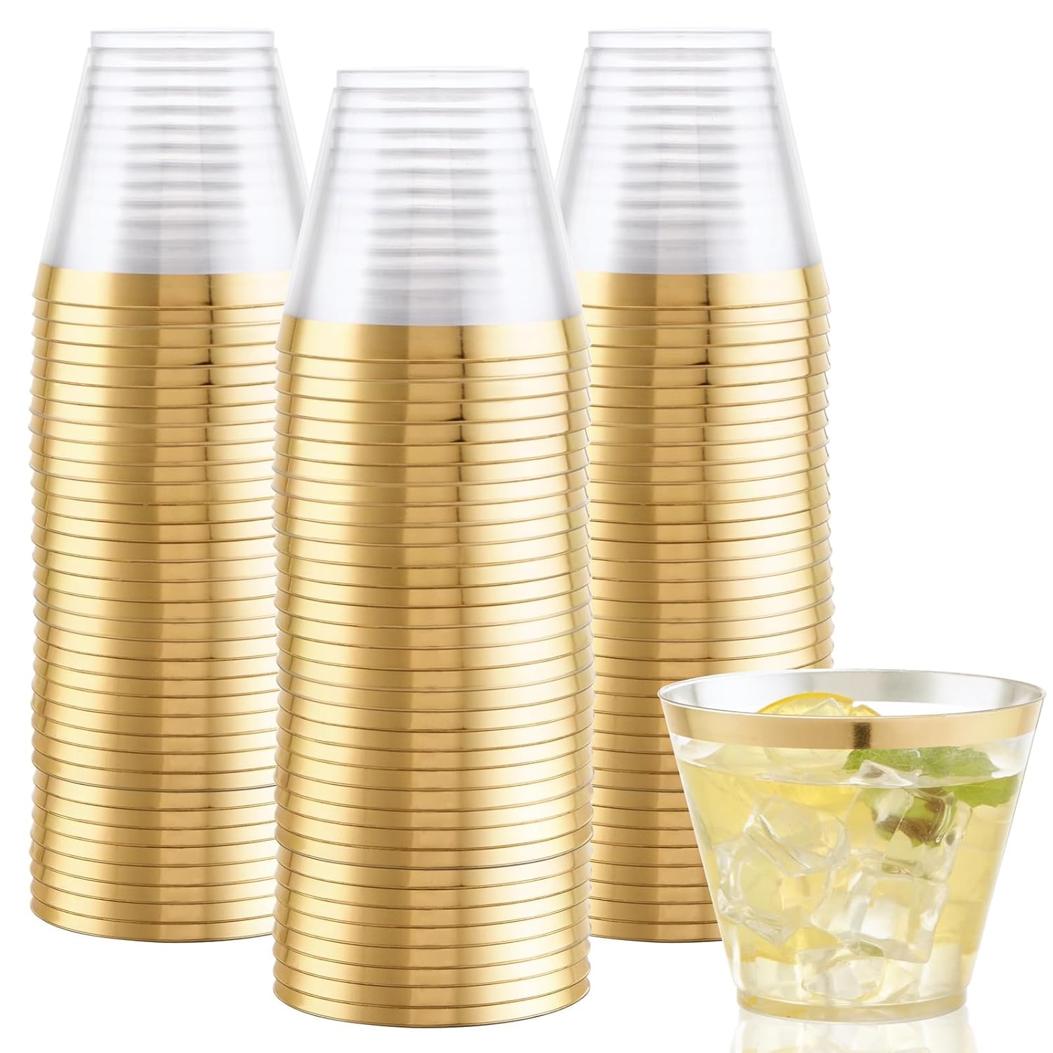 Hioasis 200Pcs 9OZ Clear Cups - Plastic Disposable Cups with Gold Trim Heavy Duty BPA-free for Party Wedding