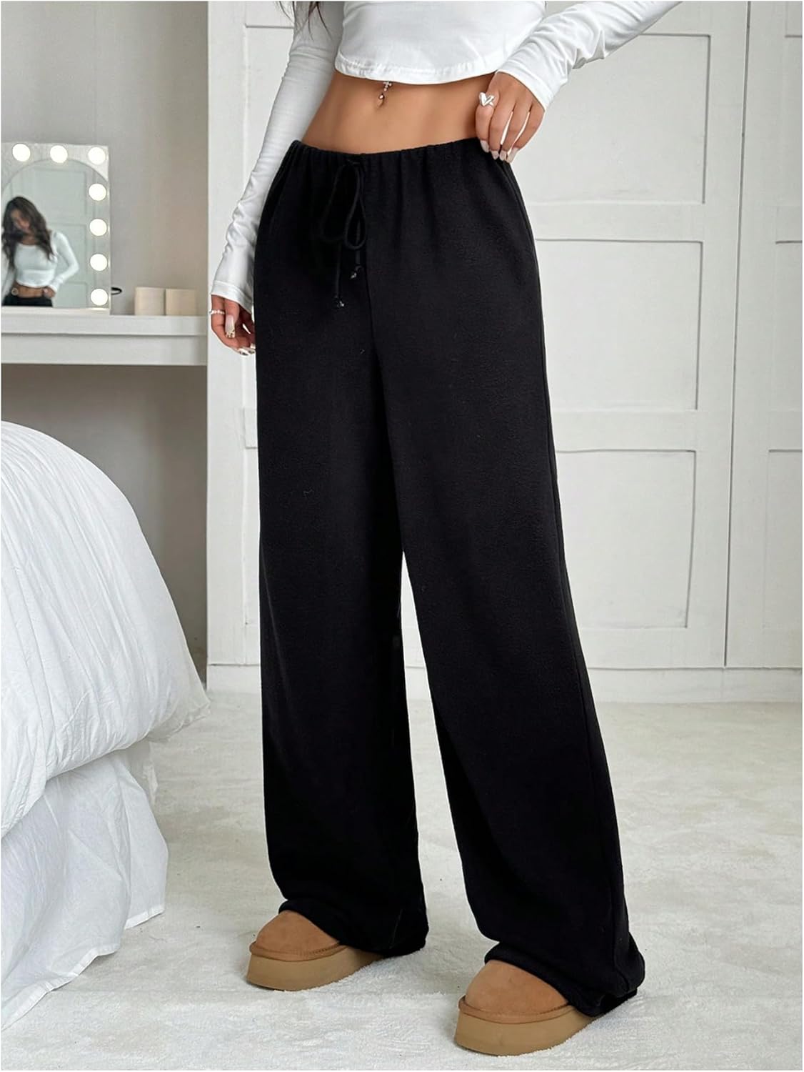 SOLY HUX Women's Baggy Pants Drawstring Elastic Waist Straight Leg Fleece Long Trousers - Image 3