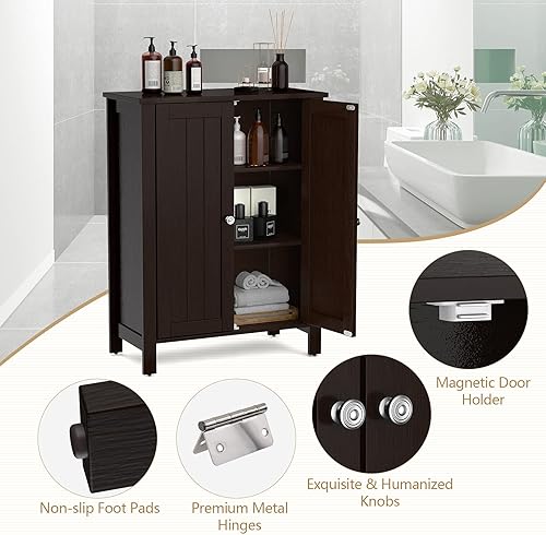 Miniatura 6 de GOFLAME Armario de suelo de baño, armario organizador de almacenamiento independiente con estante ajustable de 3 niveles y puertas dobles, armario