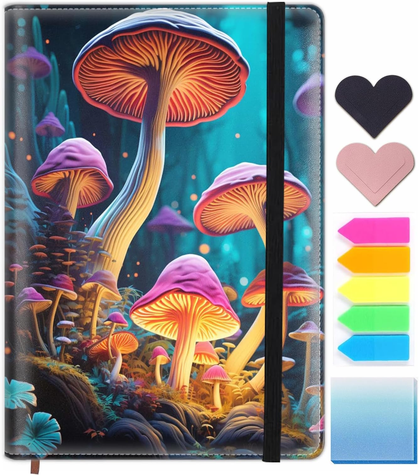 Lined Journal Notebook, 200 Pages A5 Leather Hardcover Notebooks with Bookmarks/Indexes, Classic with Pen Loop Notebook Journals for Women Men Office School，Magic Psychedelic Mushroom