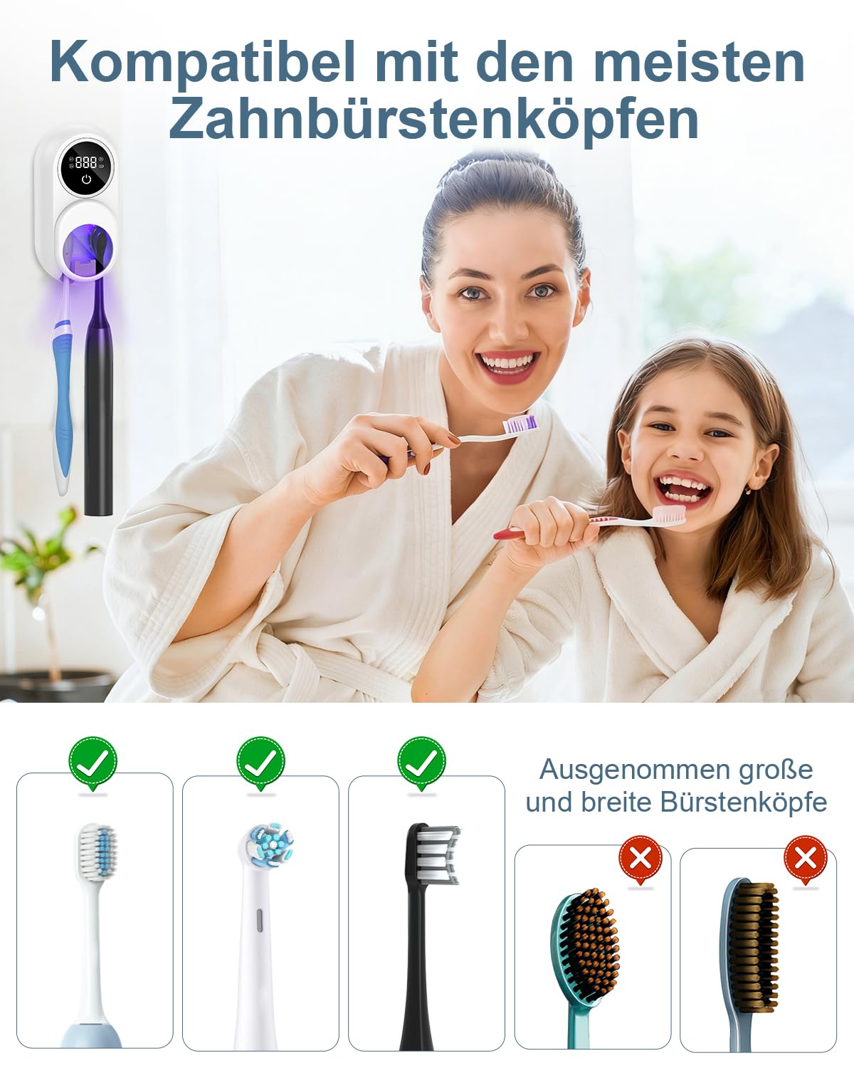 Sterilizzatore UV portaspazzolino, rilevamento automatico della rotazione, schermo LED, asciugatrice, supporto da parete per spazzolino elettrico, per 2 fessure per spazzolino da denti, bianco