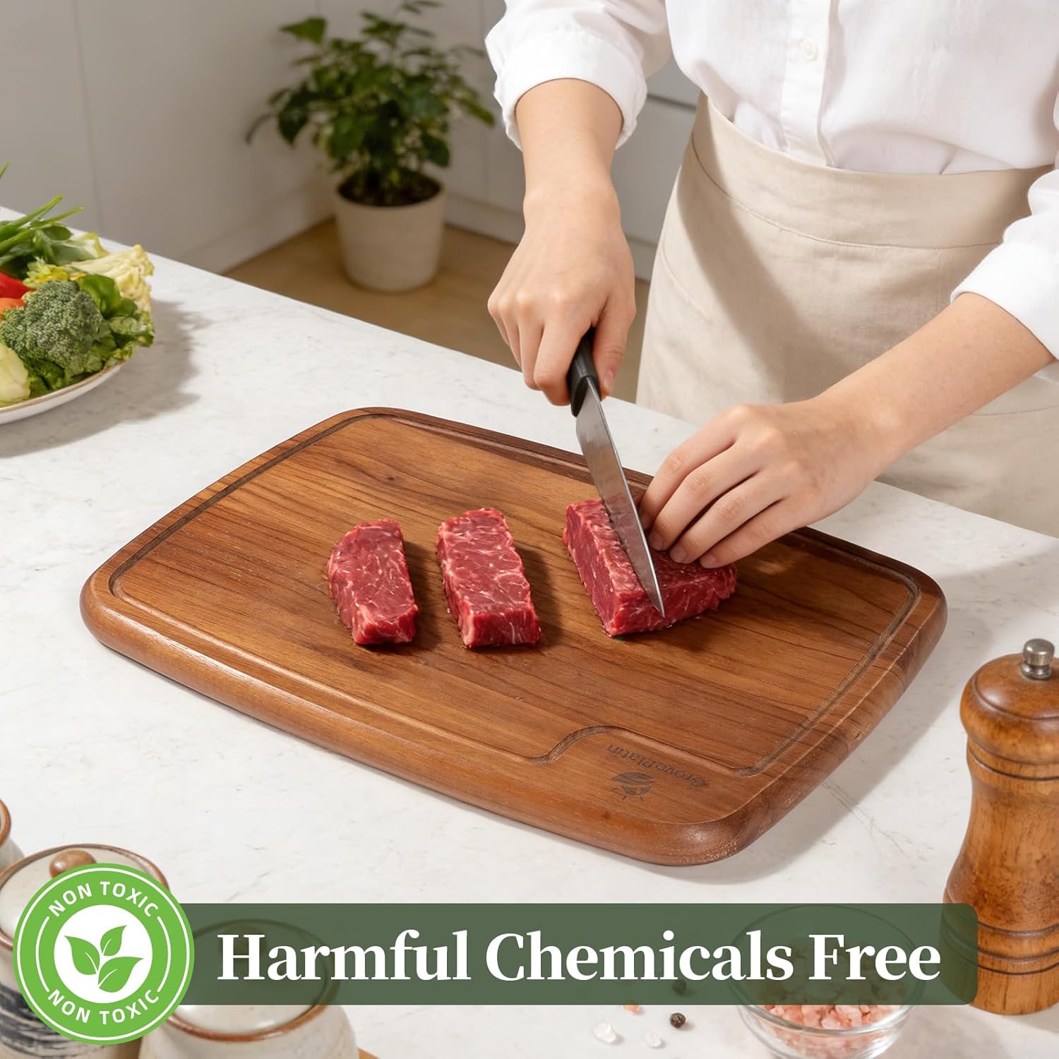 Dark Oak Wood Cutting Boards for Kitchen (Set of 3), Heavy Duty Chopping Board with Deep Juice Groove, Reversible Designed, Storage Stand & Oiling Brush