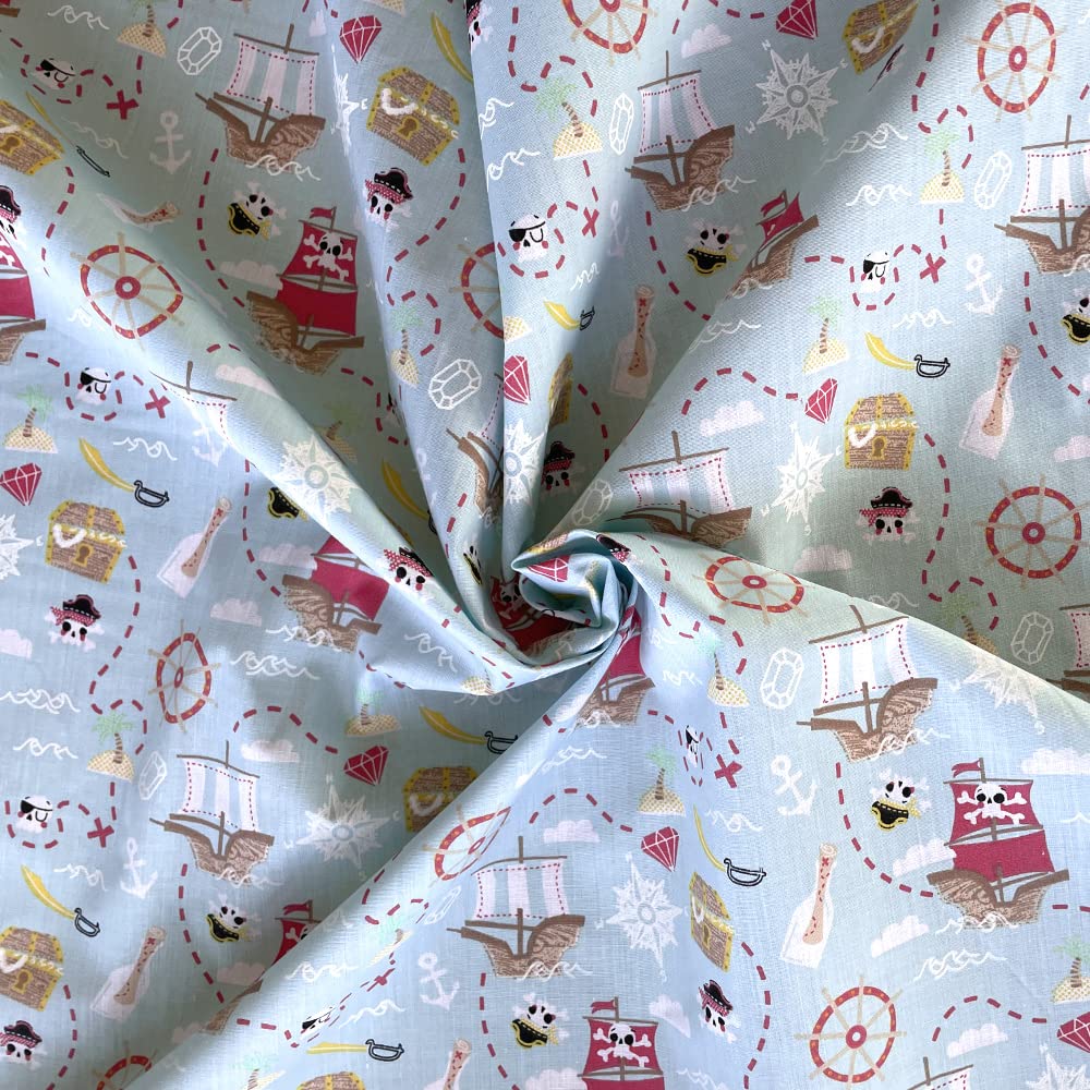 Oh Sew Crafty Limited Blue Polycotton Fabric Treasure Hunt Pirates Pirate Ship Nautical Kids Nursery (Per Metre) (Blue)