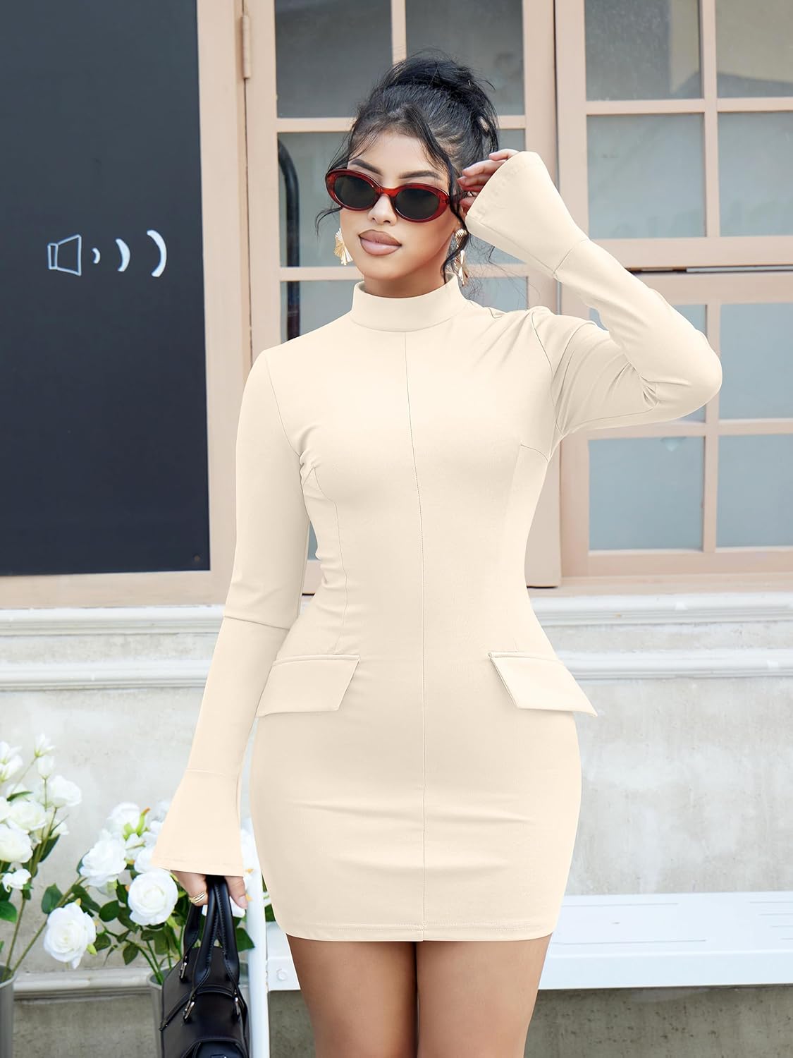 YMDUCH Women's Long Sleeve Mock Turtle Neck Bodycon Mini Tank Short Party Dress - Image 5