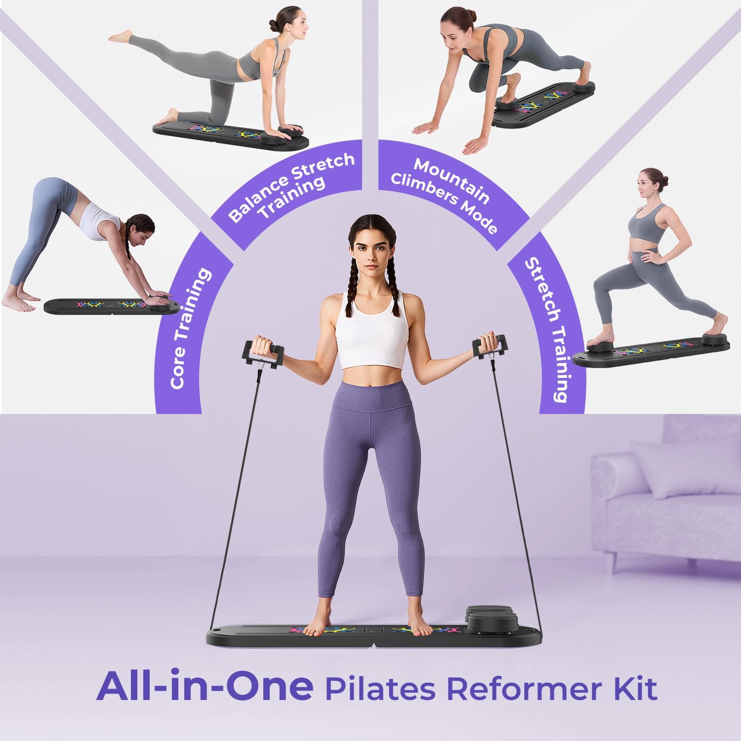 pilates reformer board – 5-in-1 foldable pilates machine for home workout, portable fitness board with resistance bands, full body training for women black
