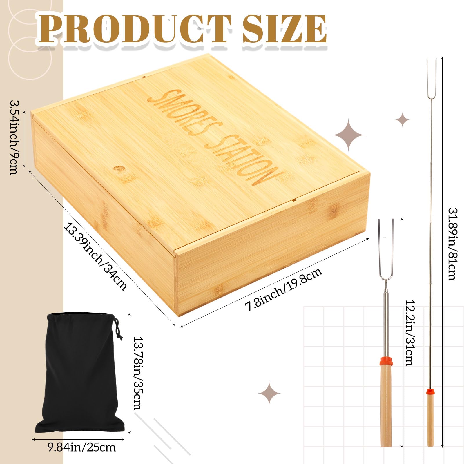 LemonRoad Smores Kits, caja de bambú S'mores Kit con tapa, 6 varillas extensibles para asar y bolsa de transporte, juego de utensilios de cocina portátiles de camping para fiesta de picnic al aire