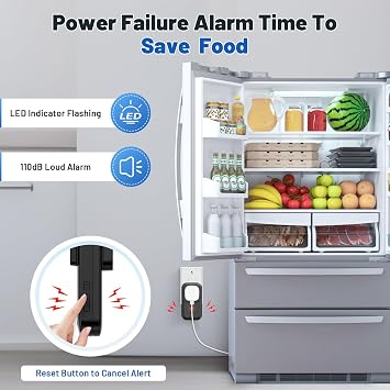 Power Failure Alarm with LED Indicator Lights | 0-110db, 5 Adjustable Levels, 7 Chimes, For Refrigerators, Freezer, Aquarium
