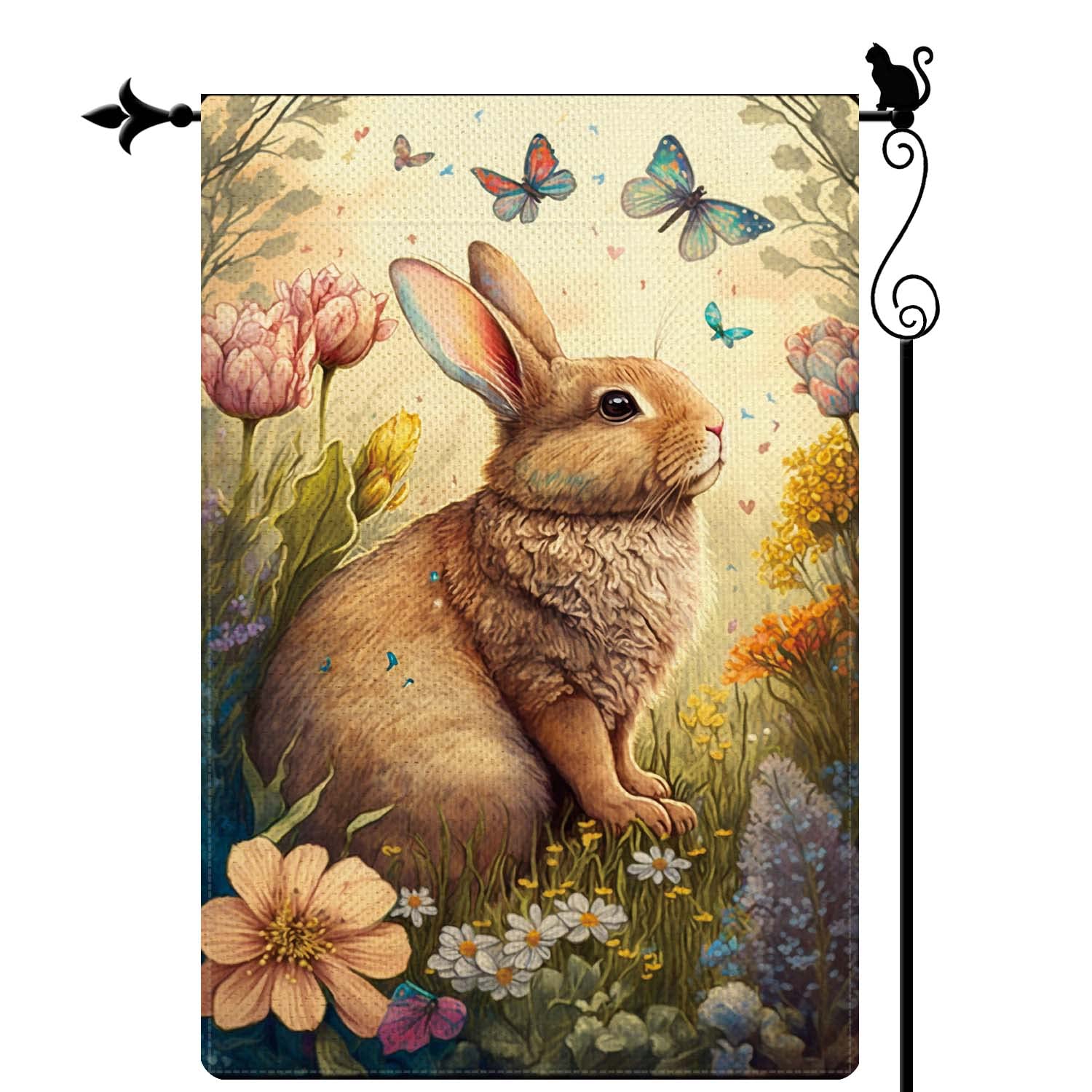 Gormcore Spring Rabbit Garden Flag, Vertical Double Sided Rustic Farmland Burlap Yard Lawn Outdoor Decor, Colorful Flowers and Butterflies Small Garden Flag, 12.5x18"