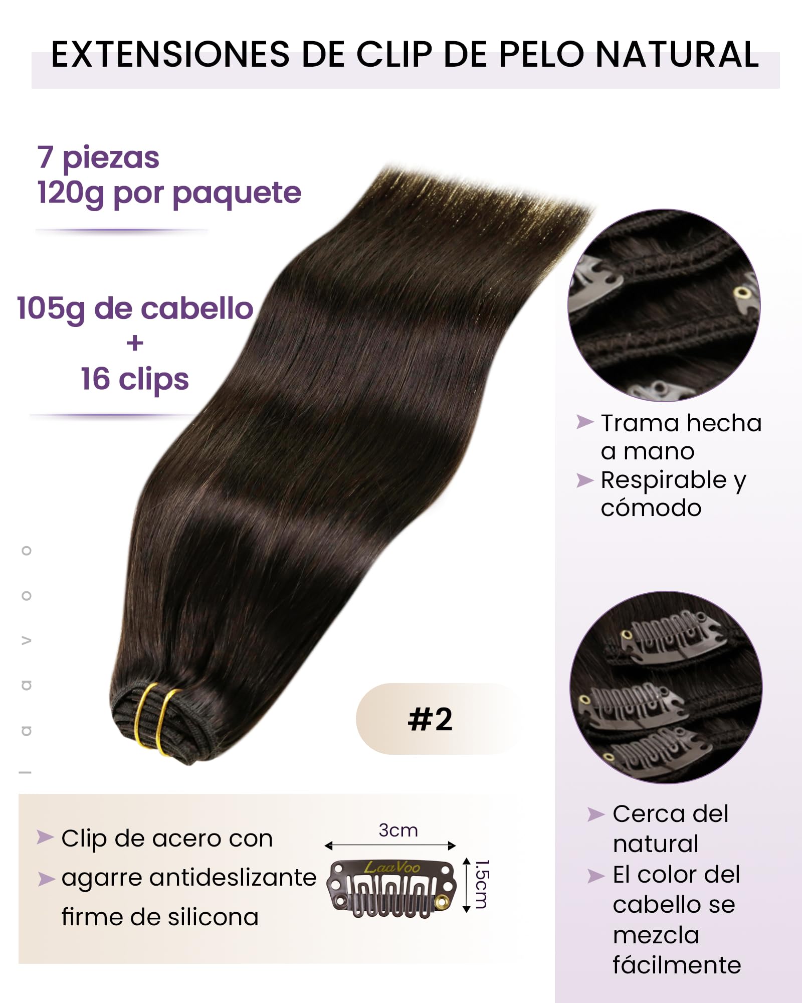 LaaVoo Extensiones Pelo Natural Clip Marrón 105g Suave Liso Natural 7Piezas 35cm Marrón Oscuro Invisible Recto Remy #2