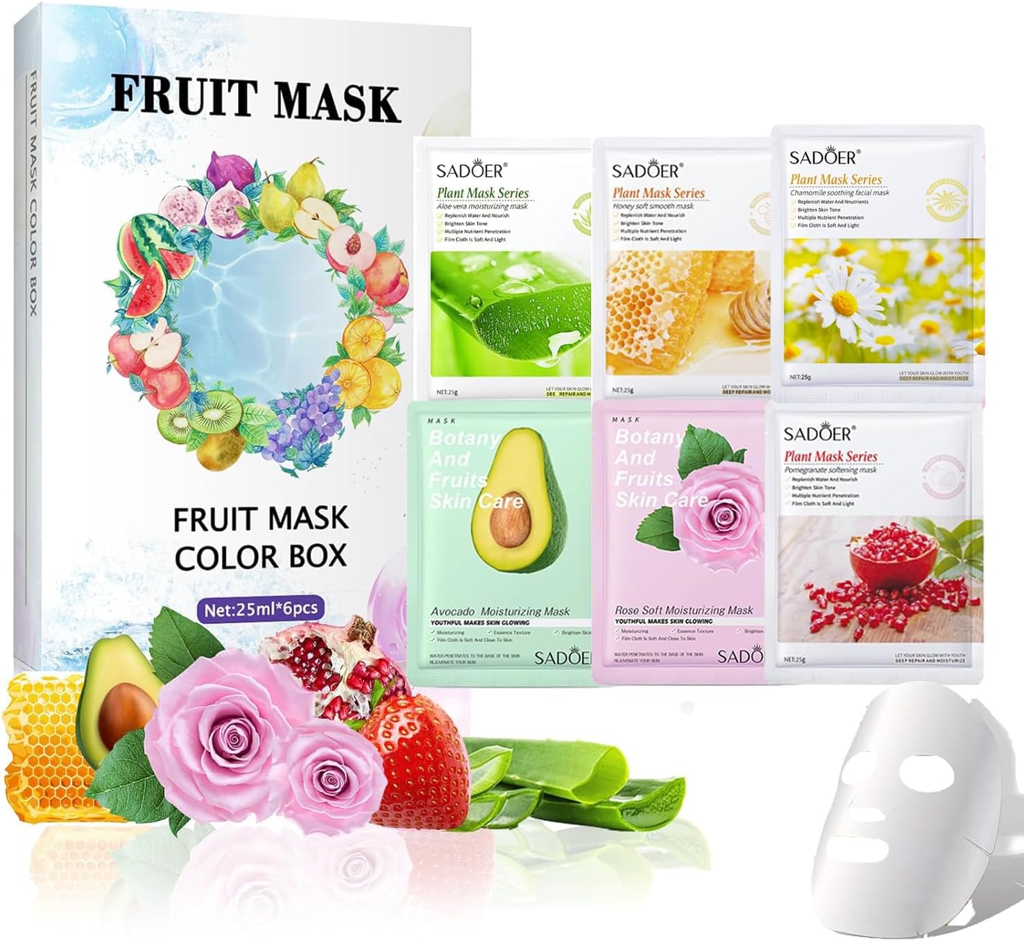 Set van 6 gezichtsmaskers, fruit-gezichtsmasker, huidverzorging, hydraterend, herstellend doekmasker, hydrateert de huid, natuurlijke ingrediënten voor elk huidtype