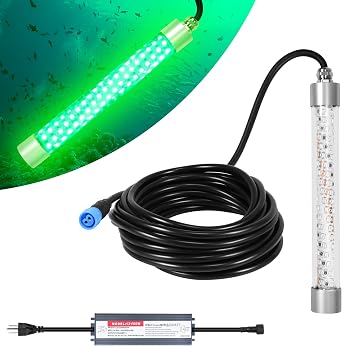 HUSUKU FS0-3 Underwater Green LED Fishing Light with Safety Transformer 110V - 100W 10,000LM / 16.4ft Cord Night Fish Finder Attractor, IP68 Submersible Lamp for Snook Crappie Squid Shrimp Fishing