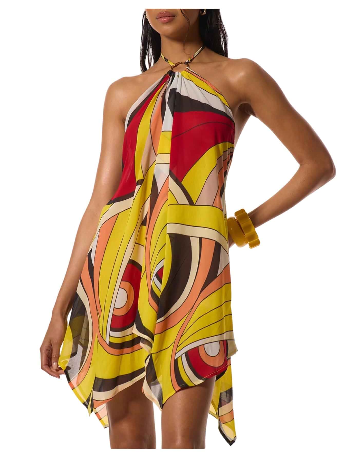 OYOANGLE Women's Y2k Graphic Halter Mini Dress Asymmetrical Backless Vacation Flowy Sundresses Graphic