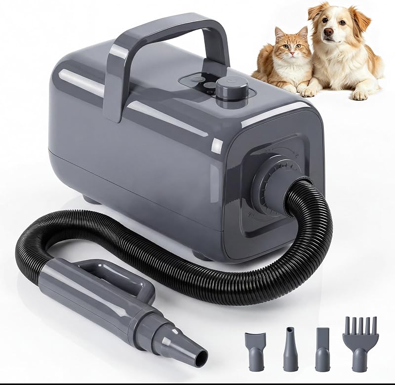 Dog Hair Dryer for Pet Grooming, Low Noise, 6.5 FT Cord | Dog Blow Dryer with Adjustable Wind Speed & Heater Temperature, Cool-Warm-Hot Cycle Mode, 4 Nozzles, Grey