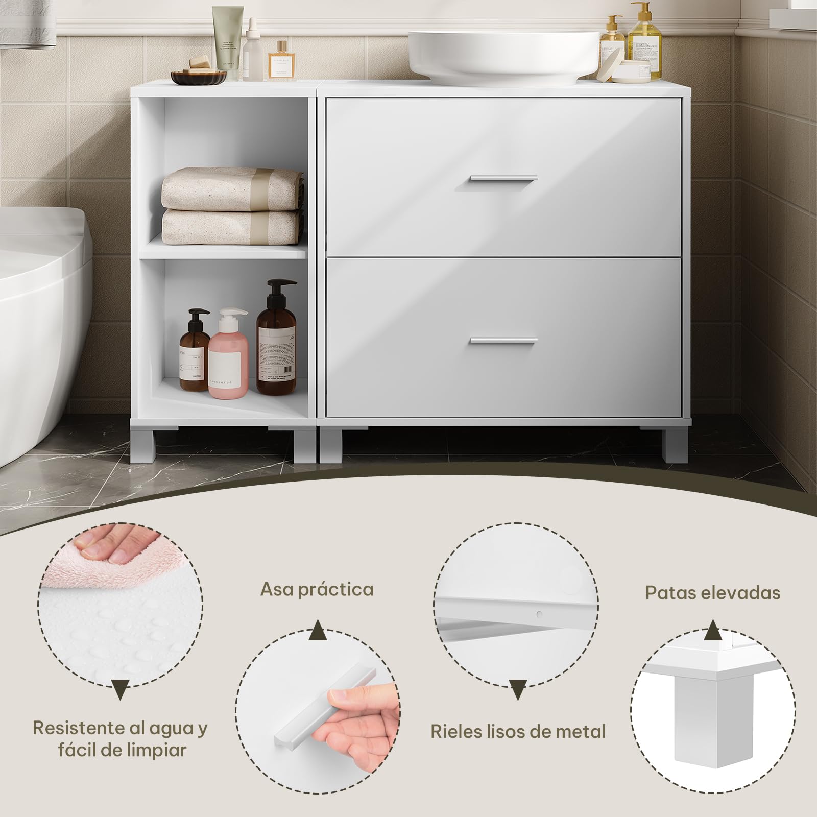 eSituro Armario de Baño de Pie, Mueble Bajo Lavabo con Cajones, Mueble Auxiliar de Baño, Estante Ajustable, Recorte Sifón 14,5 * 20 cm, Blanco