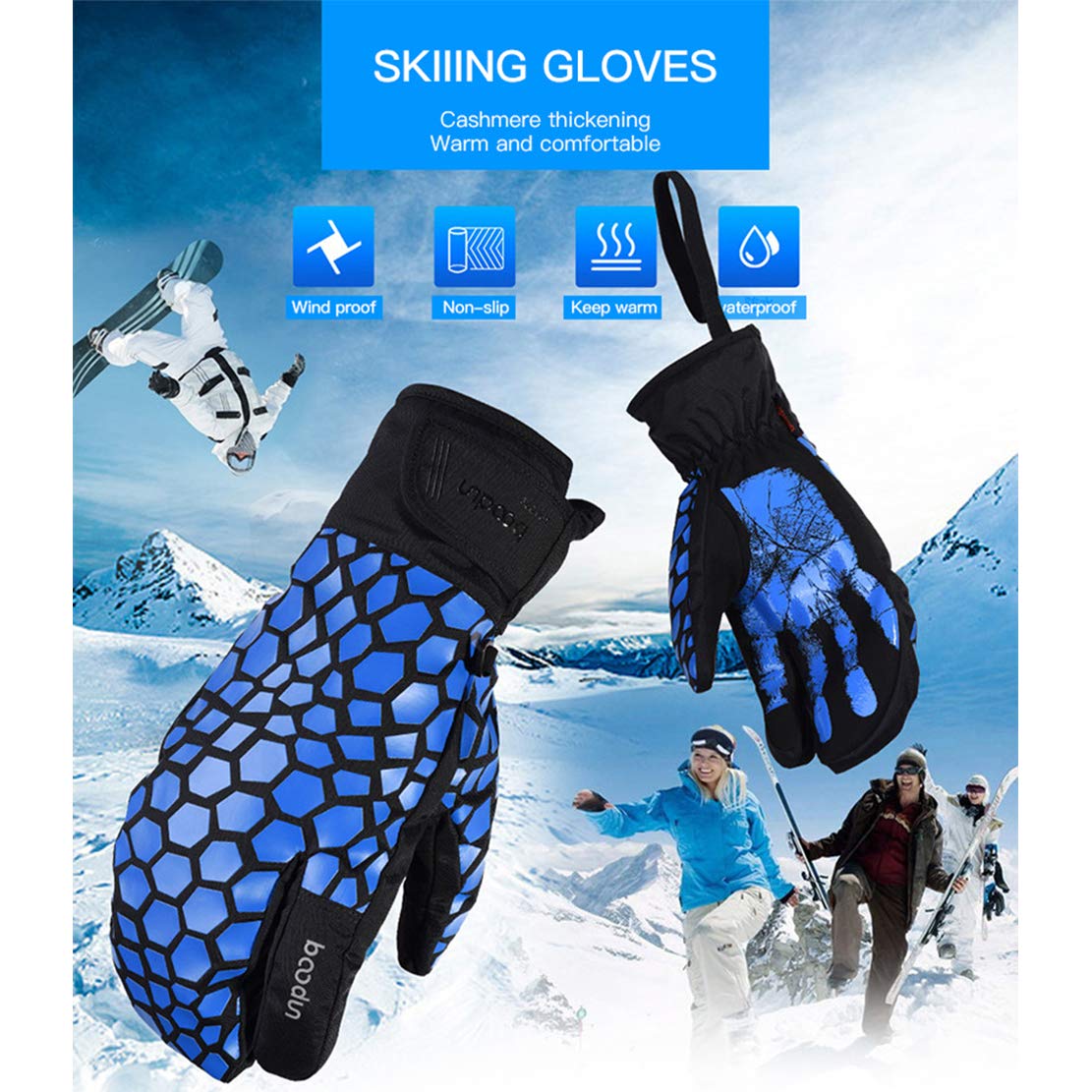 Męskie damskie wodoszczelne rękawice narciarskie, wiatroodporne śniegowe rękawiczki snowboardowe, rękawice do sportów śniegowych, polarowe, rękawice termiczne, do jazdy na nartach, niebieskie, M