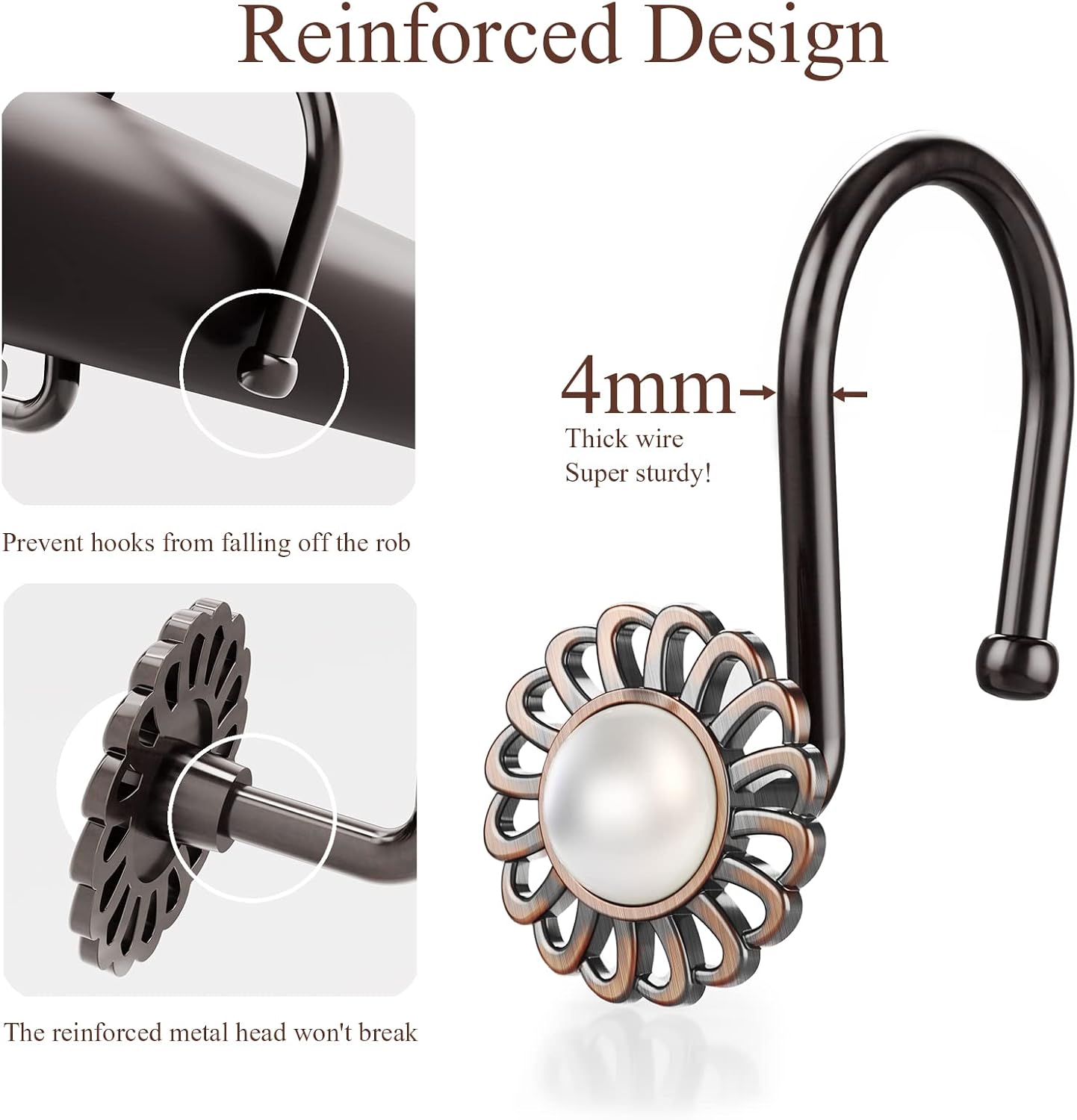 Oil Rubbed Bronze Sunflower Shower Curtain Hooks, 12Pcs Rustproof