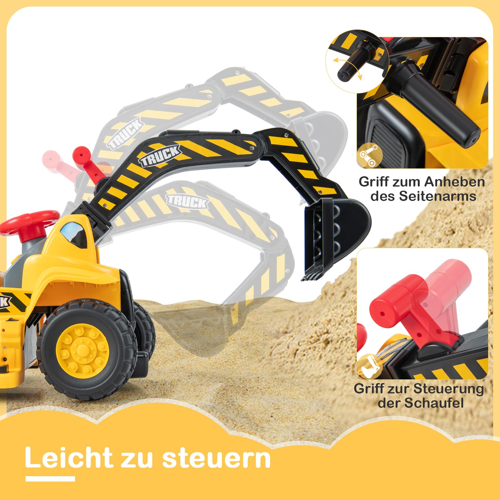 COSTWAY Elektro Bagger, Sitzbagger mit Hupe & Sound, für Kinder ab 2 Jahre | Stauraum unter den Sitz, Kinderbagger mit Basketballkorb, Bagger zum draufsitzen, 6V Sandbagger Aufsitzbagger, inkl. 3 Bälle