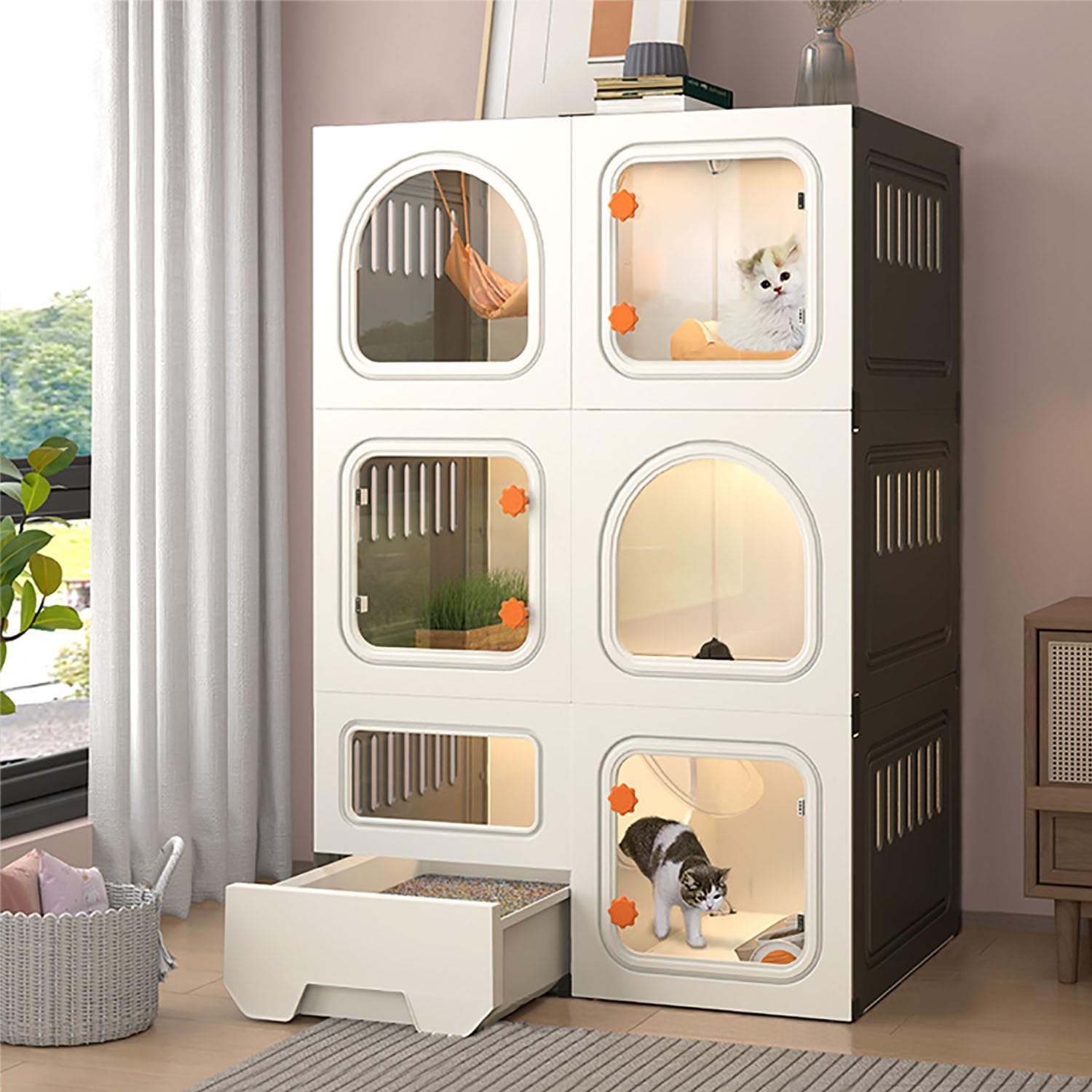 Cage pour Chat avec Portes, Maisons pour Chats d'intérieur, Parc pour Chat avec bac à litière, Forte capacité de Charge, Facile à Nettoyer et à Installer (Couleur : Paquet 2, Taille : B-71x4