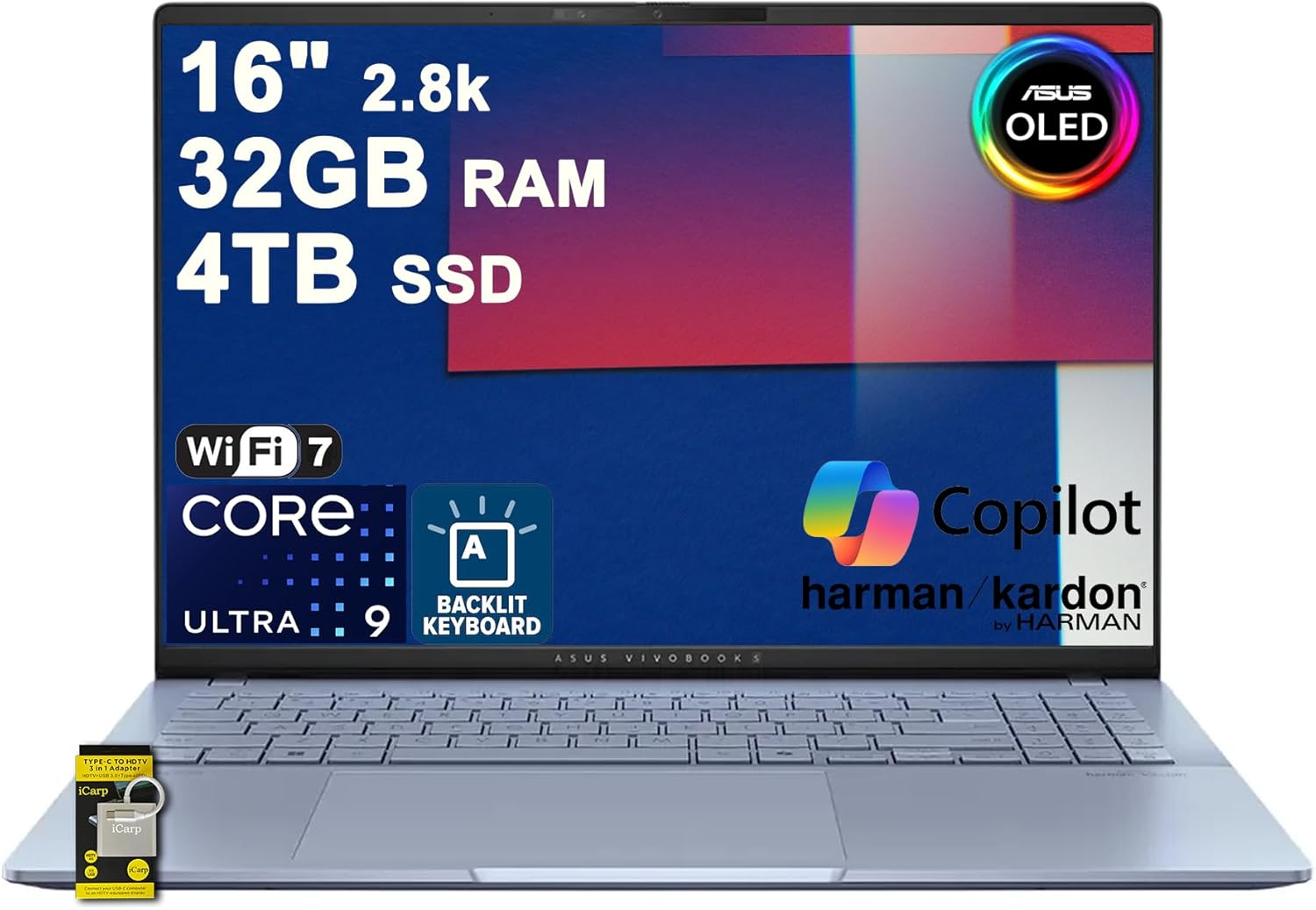ASUS Vivobook S16 AI PC Laptop 16" 2.8k OLED 120Hz (600nits HDR, 100% DCI-P3) Intel 16-core Ultra 9 285H 32GB DDR5 4TB SSD Backlit for Creator Business Professional Work Win11 ICP Hub w/Copilot+ AI