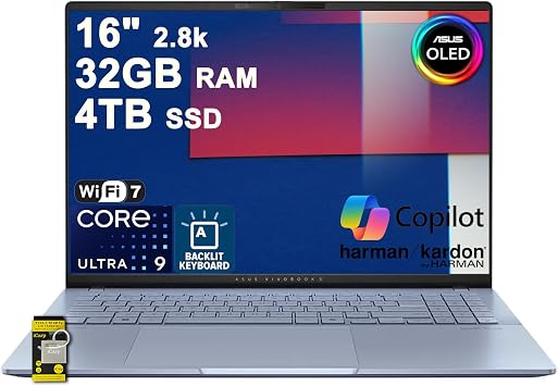 ASUS Vivobook S16 AI PC Laptop 16" 2.8k OLED 120Hz 600nits HDR, 100% DCI-P3 Intel 16-core Ultra 9 285H 32GB DDR5 4TB SSD Backlit for Creator Business Professional Work Win11 ICP Hub w/Copilot+ AI