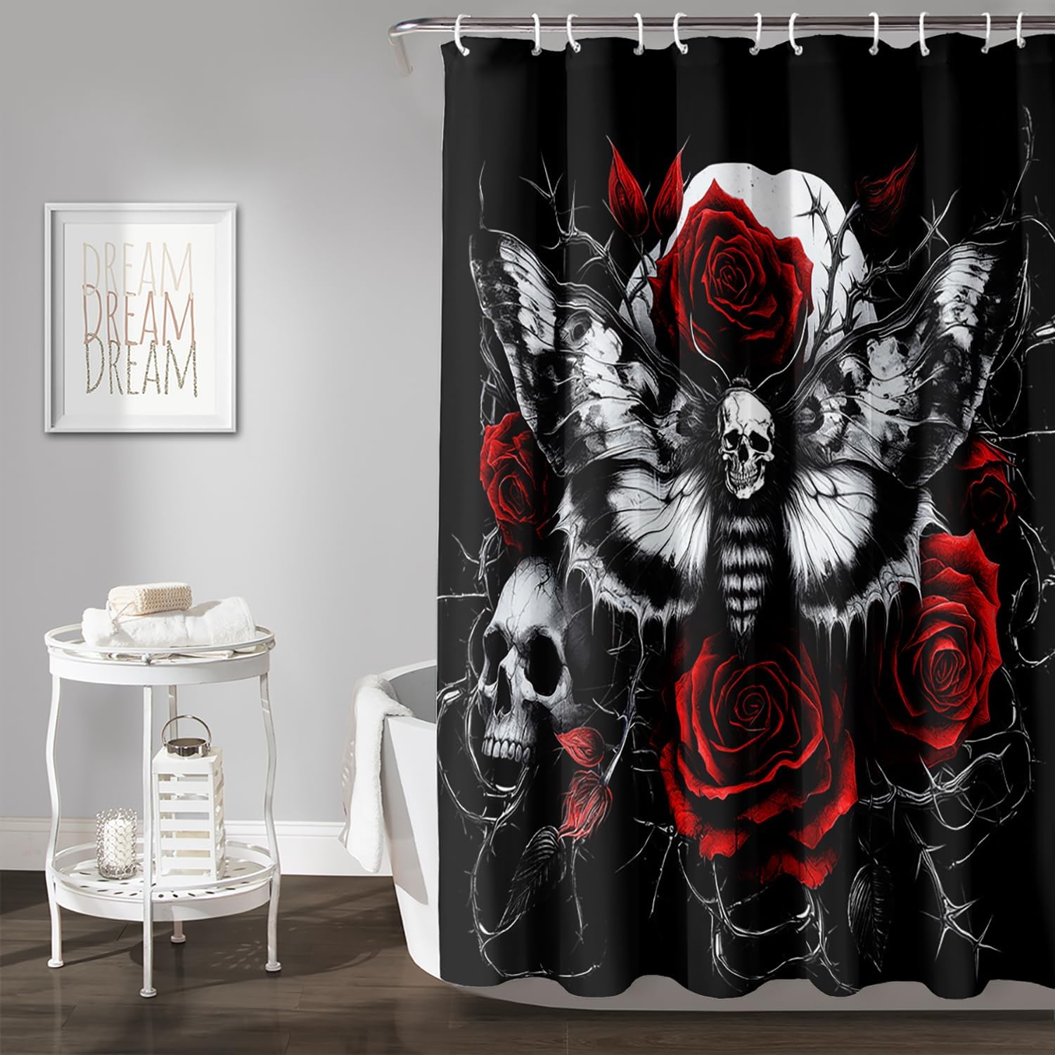 AILONEN Death Moth Skull with Red Roses Waterproof Fabric Shower Curtain,Gothic Horror Theme Design Bath Curtain Liner,72" Wx72 H