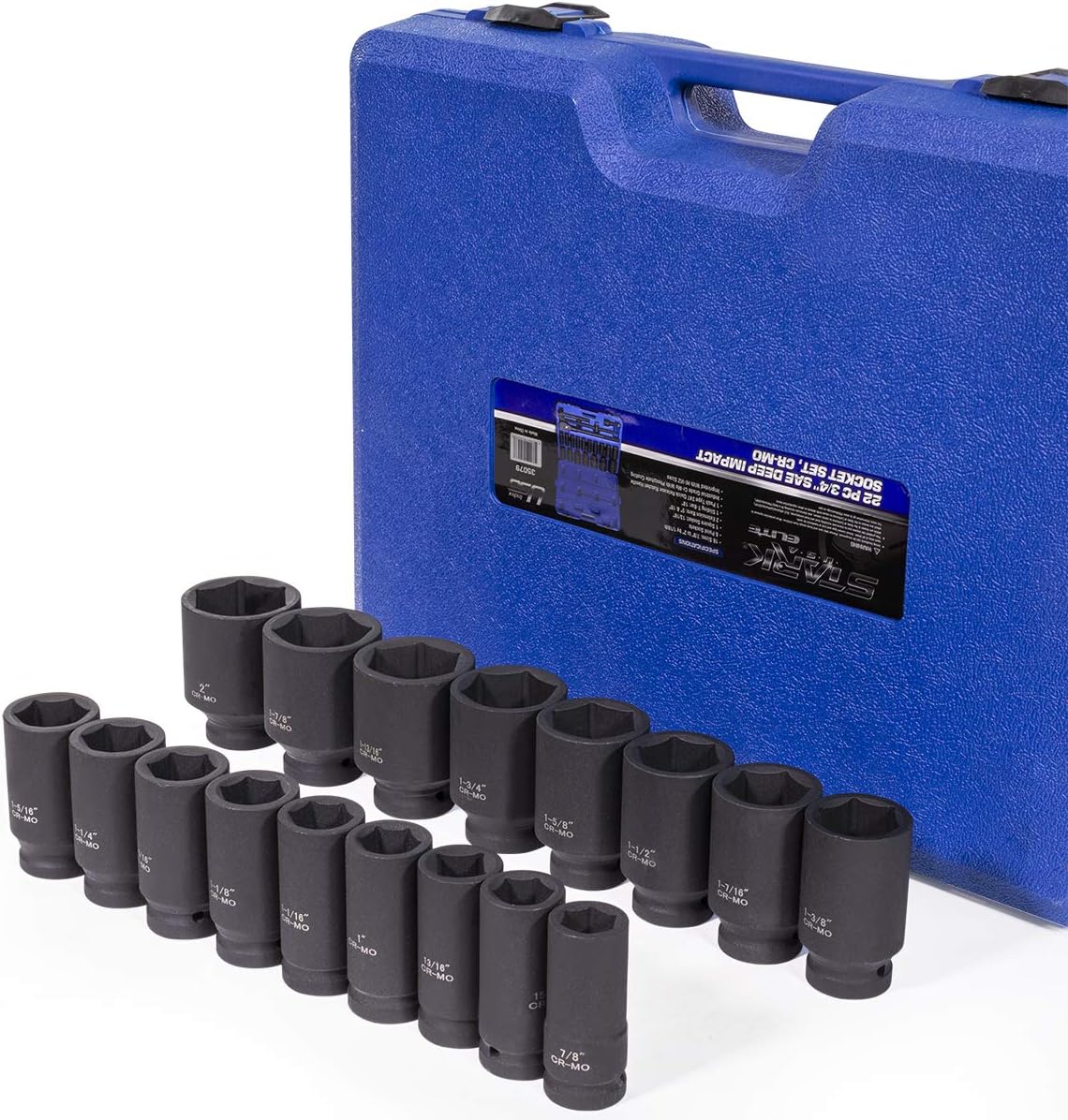 Stark USA 22-Pieces 3/4 Inch Drive Deep Impact Socket Set Cr-Mo Steel SAE Socket Extension Bar Sliding T-Bar (7/8" to 2" inch) with Carrying Case