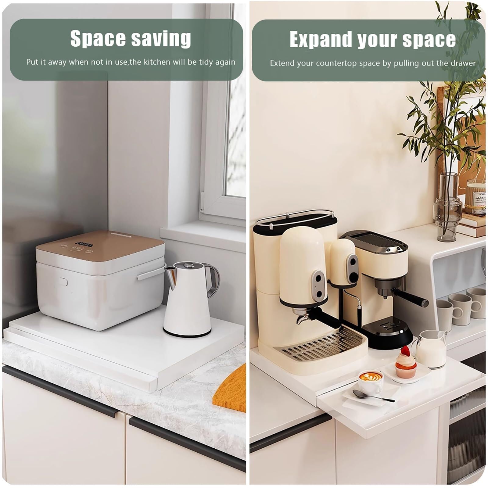 Soporte de acero blanco para microondas con bandeja extraíble y estante para encimera de cocina, perfecto para microondas, horno, cafetera y pequeños electrodomésticos