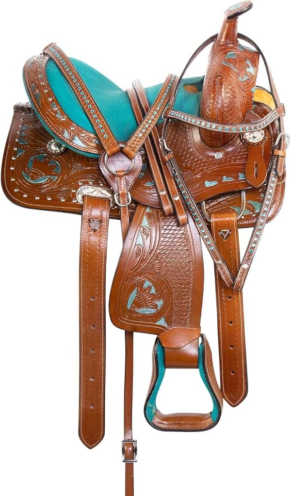 Silla Western de Cuero para Barriles, con Grabado Floral Tallado, para Senderismo y Rodeo, con Cabezada, Riendas y Pretal a Juego