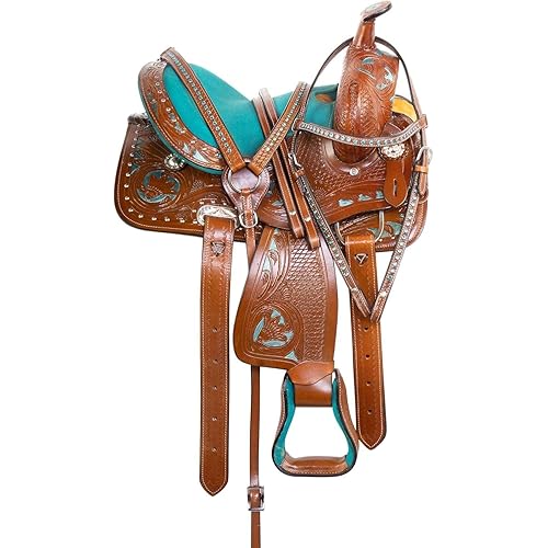 Western Leather Barrel Saddle Floral Embossed Tooled Trail Rodeo Horse Saddle with Matching Headstall, Reins and Breast Collar
