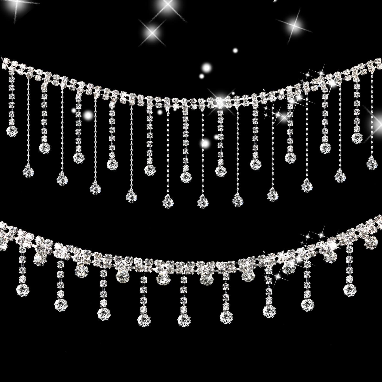2 Yards Rhinestone Ribbon Chain 2 Style Diamond Crystal Ribbon Rhinestone Fringe Trim Bling Crystal Fringe Trim Chain Cuttable Diamond Trim Ribbon for Wedding Dress Decoration