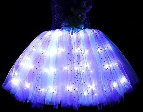 Miniatura 3 de Koatobbor Disfraz de sirena para niñas, vestido de tutú de sirena, color LED, para Halloween, fiesta de cumpleaños, 3 a 8 años Blanco Led-púrpura