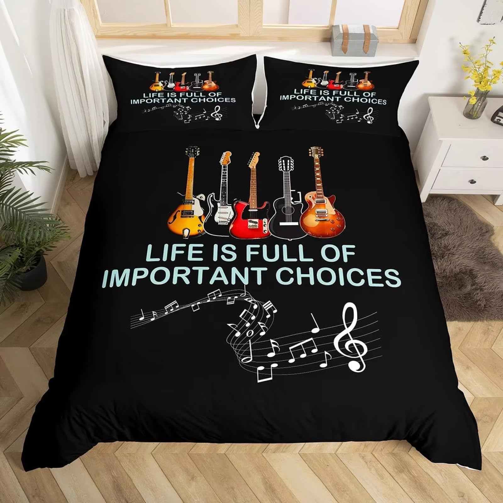 Zestaw pościeli w rozmiarze Super King Size czarna pościel gitarowa dla dzieci – poszewka na kołdrę z zapięciem na zamek błyskawiczny i 2 poszewki na poduszki 50 cm x 75 cm – hipoalergiczna
