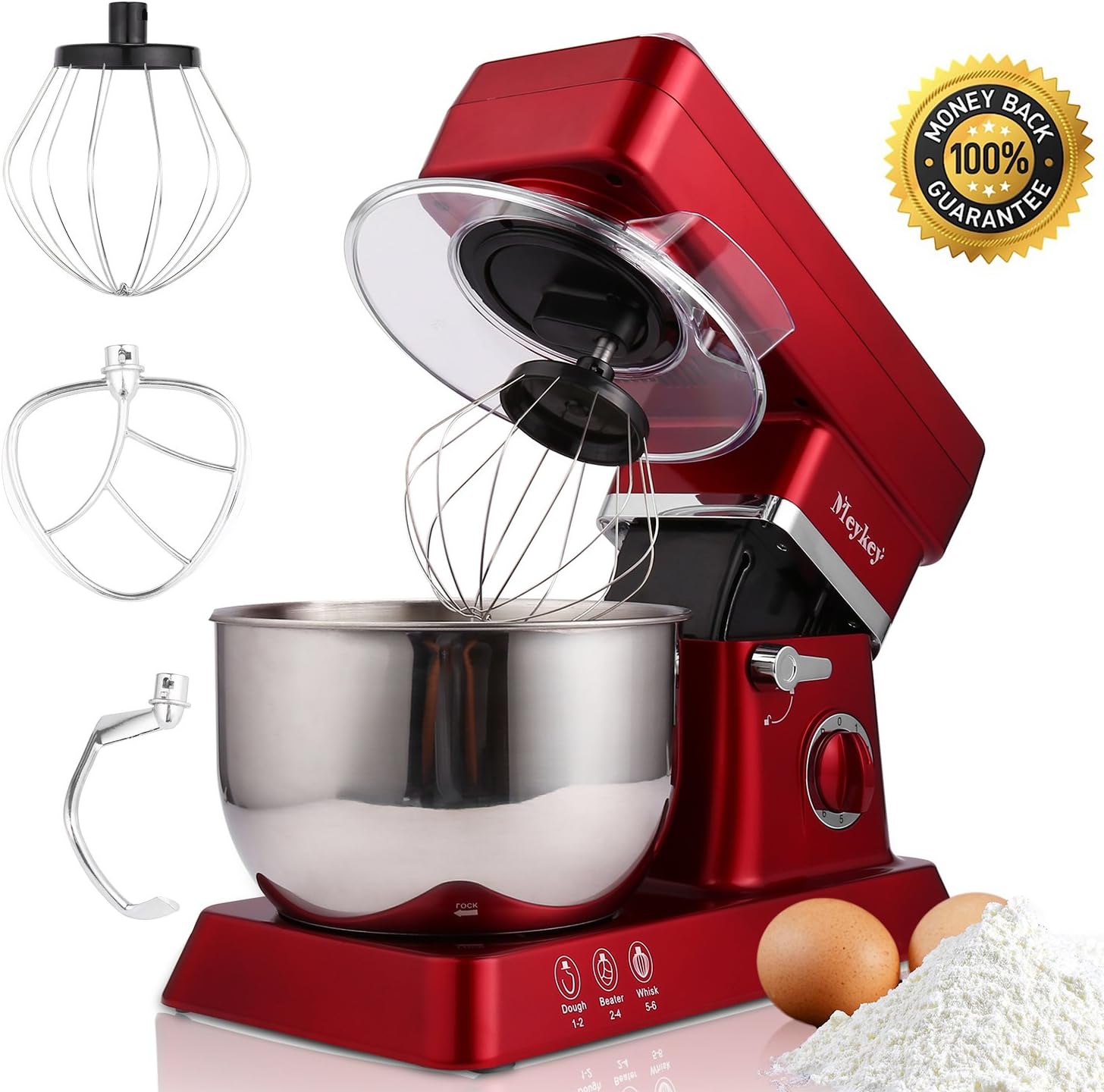MeyKey Stand Mixer, 600W Tilt-Head Kitchen Electric Food Mixer with 6-Speed Control, 5-Quart Stainless Steel Bowl, Dough Hook, Whisk, Beater, Splash Guard