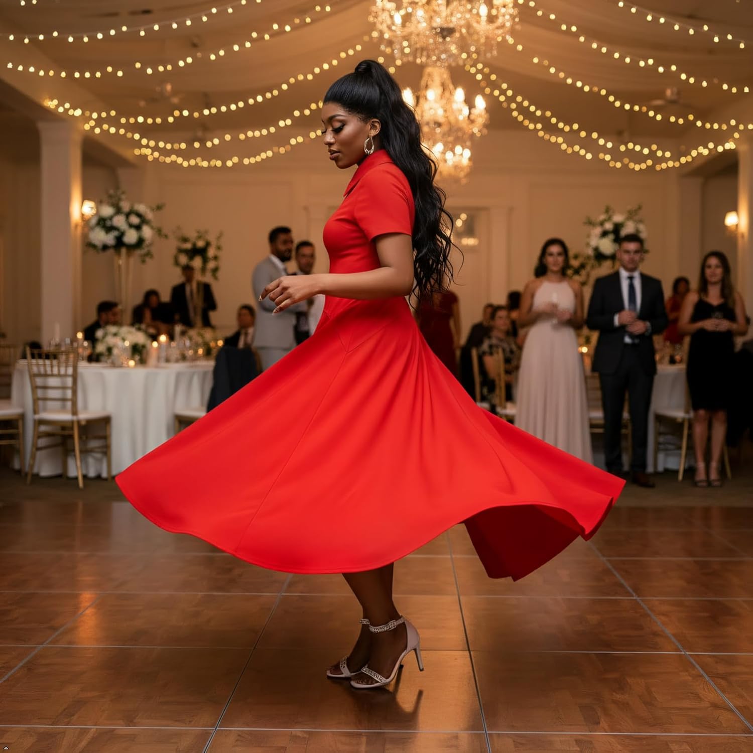 Voghtic Women's Collared Short Sleeve Midi Dress: Ruched Waist Asymmetrical Hem Elegant Casual Work Dress - Image 3