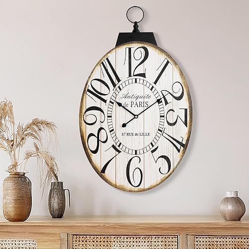 Miniatura 7 de Reloj de pared grande, 29 pulgadas de alto, diseño ovalado francés vintage de granja, funciona con pilas, reloj de pared silencioso para sala de