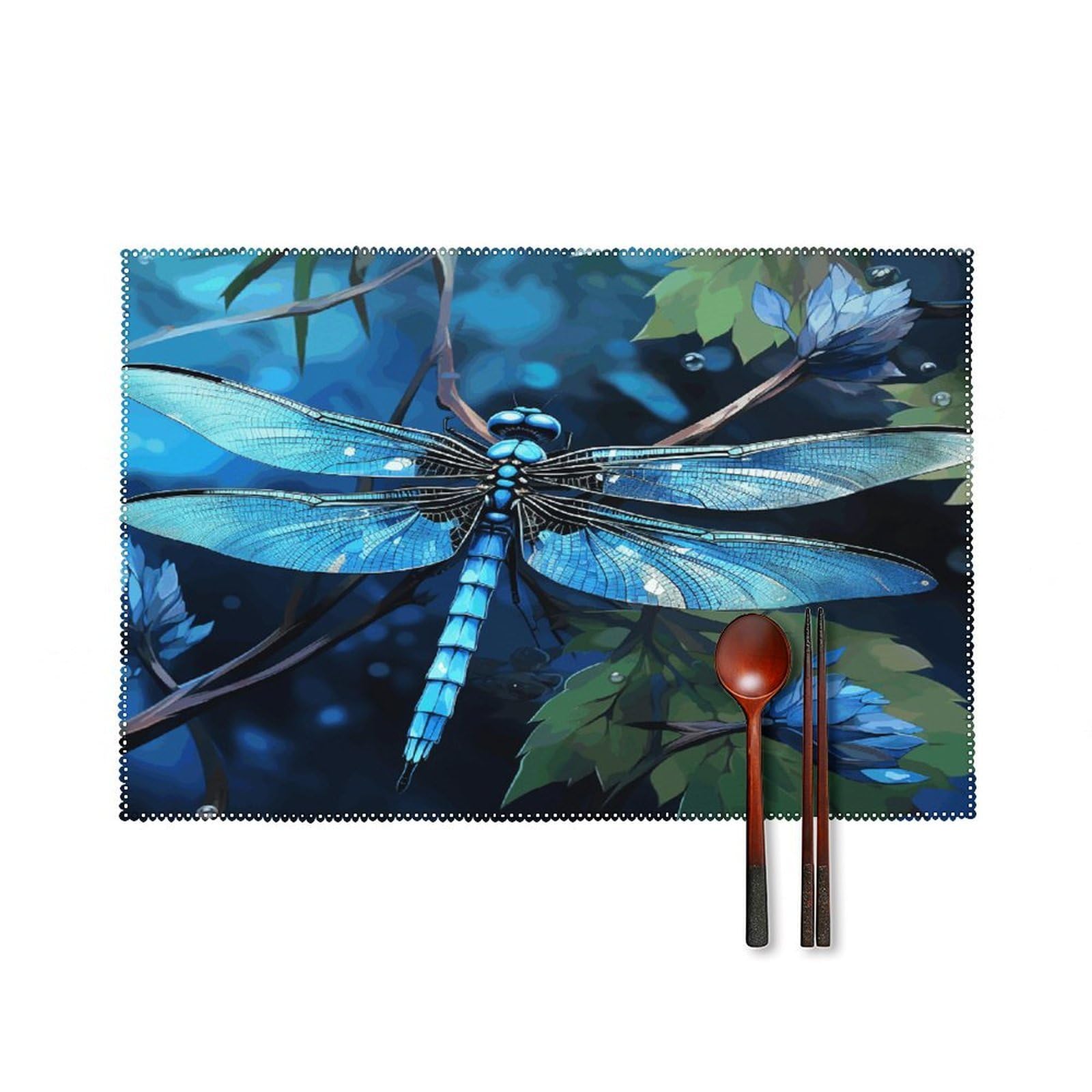 Art Blue Dragonfly Placemats Set of 4 Canvas Washable Cloth Place Mats Wipeable Heat Resistant Table Mats Elegant Cloth Placemat for Kitchen Dinning Party Table Decor 12" X 18"
